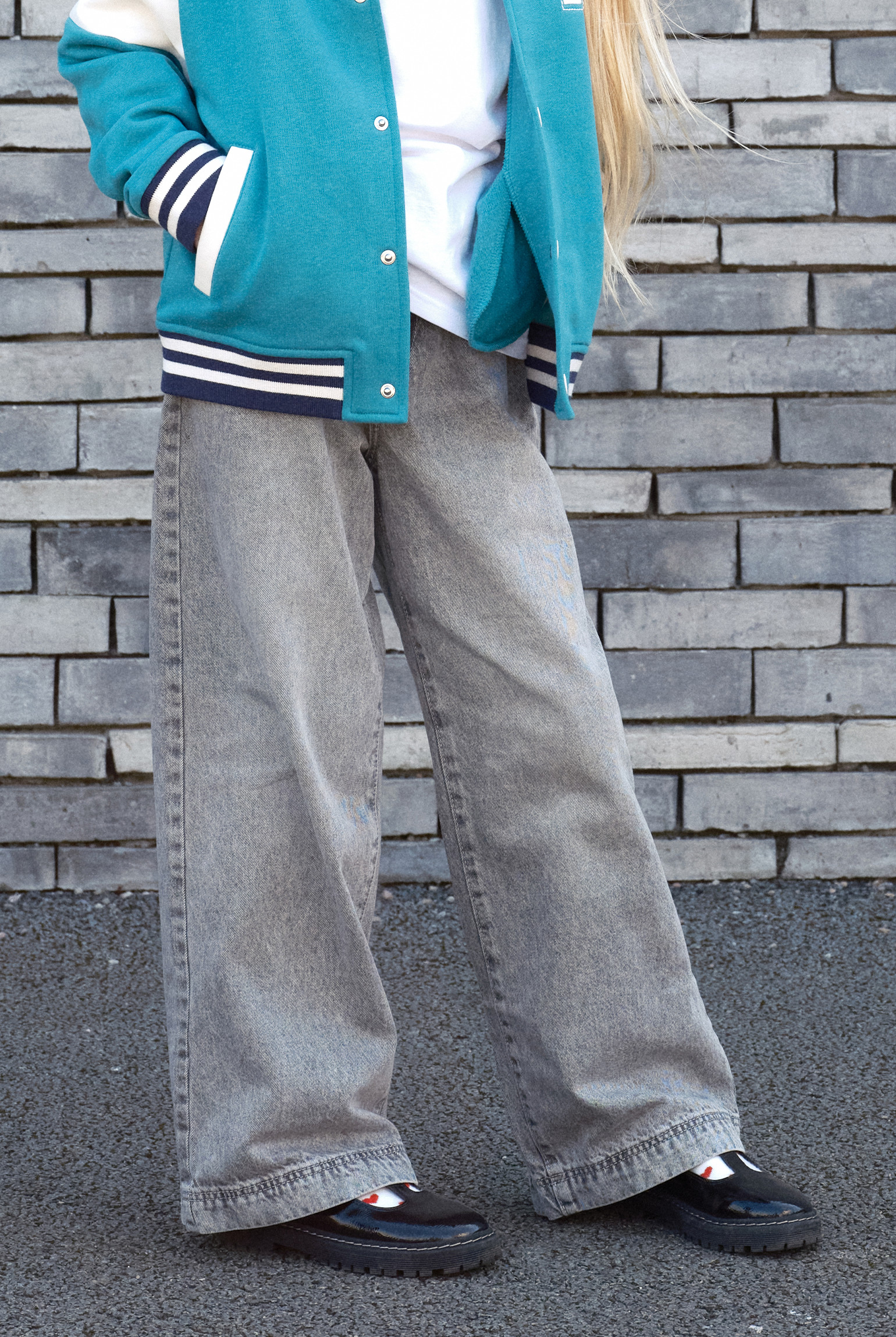 Jean large délavé bleu clair Fille - Denim Gris