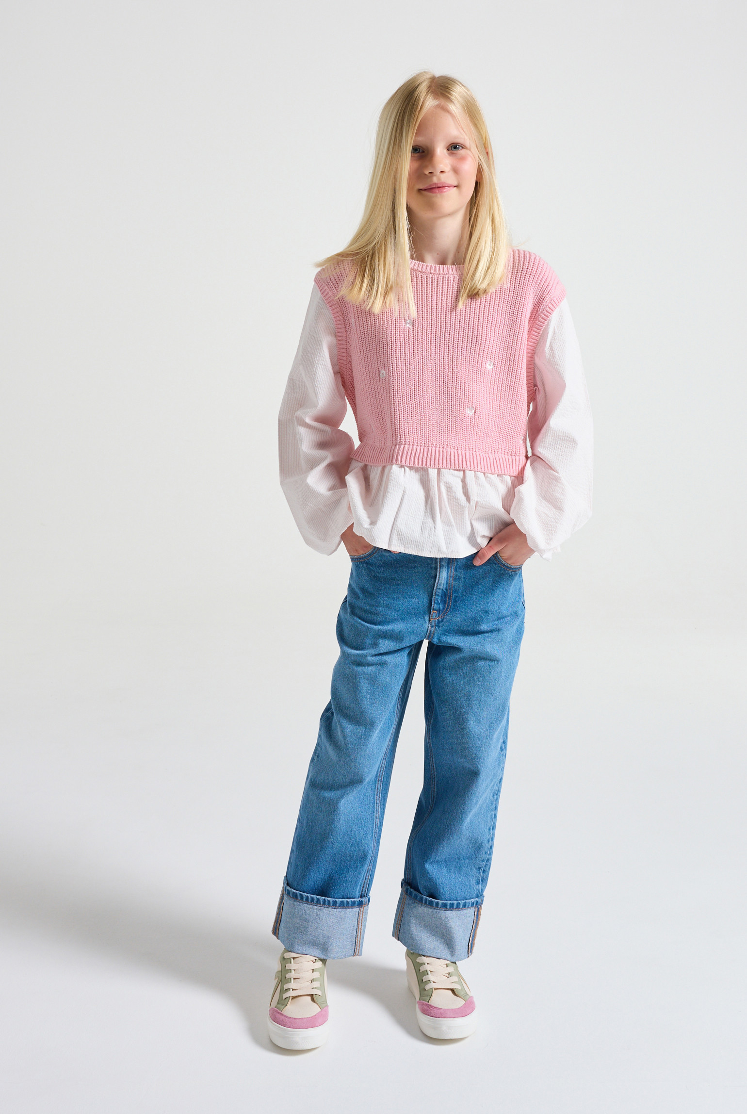 Pull 2 en 1 maille tricot rose fille - Rose Colchique