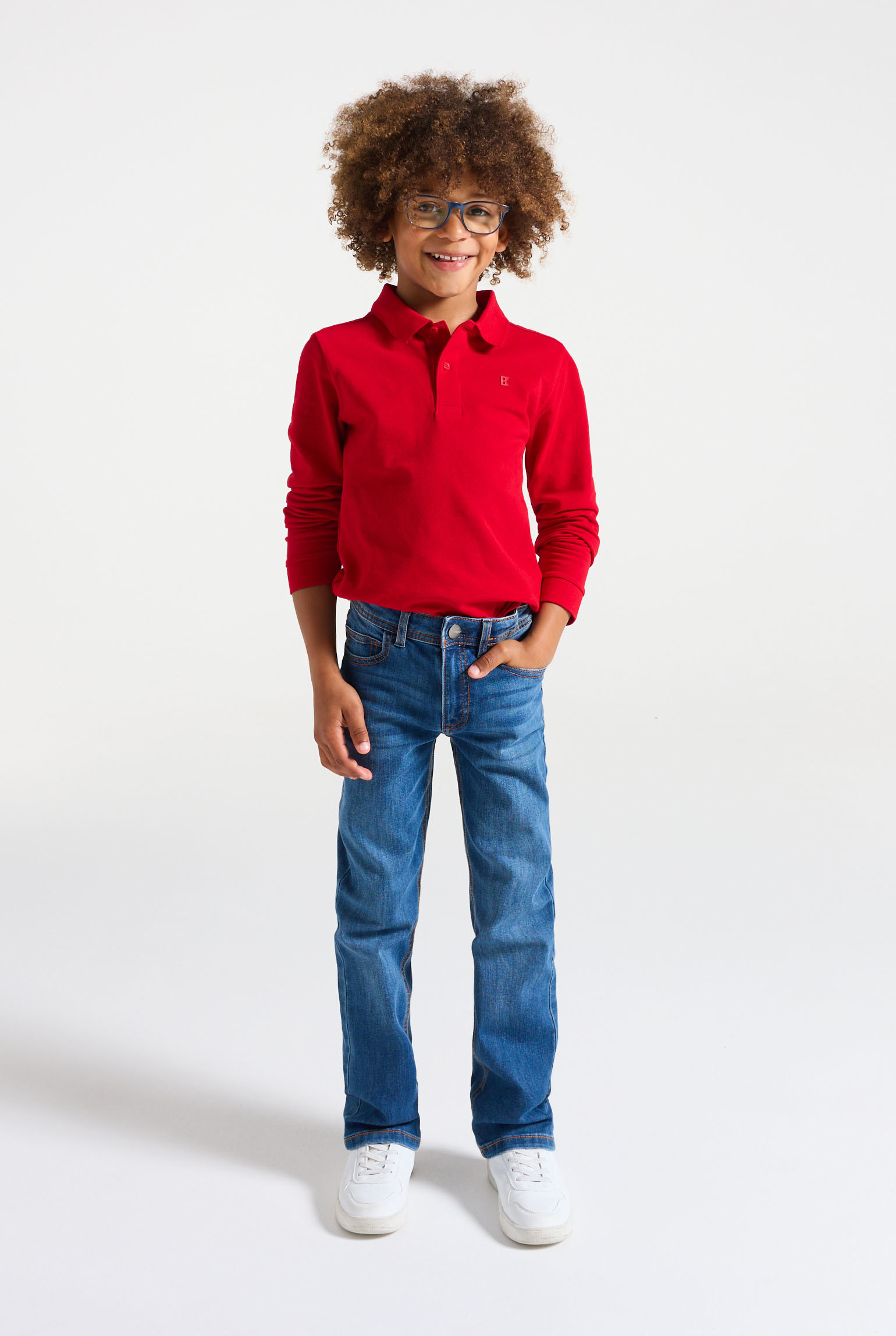 Polo manches longues blanc garçon - Rouge Pompier