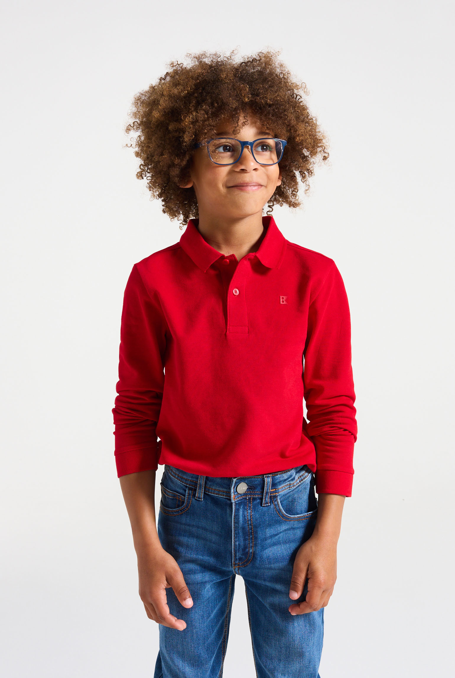 Polo manches longues blanc garçon - Rouge Pompier