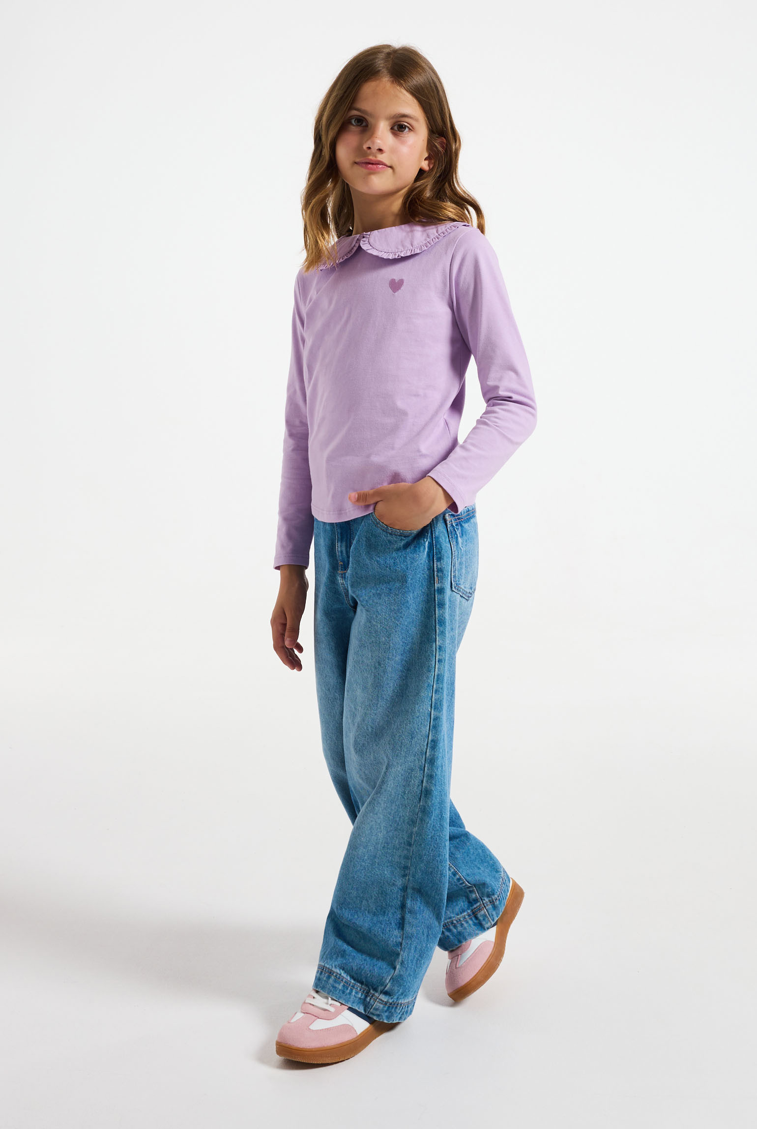 T-shirt manches longues col Claudine blanc Fille - Violet Lupin