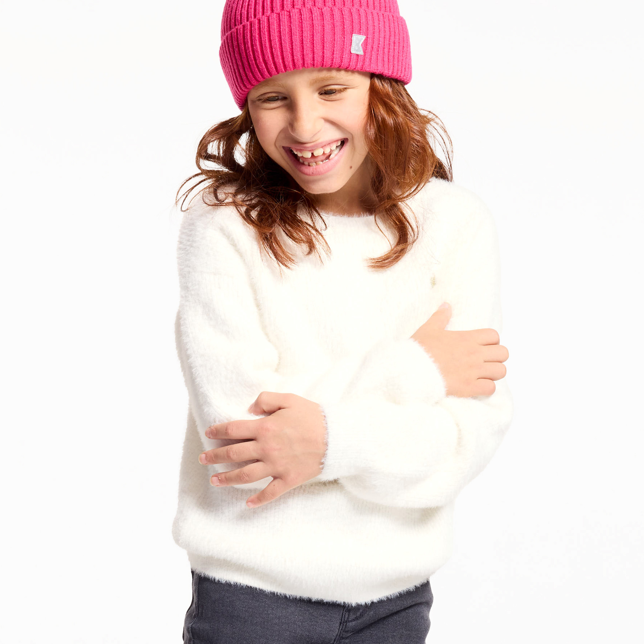 Pull côtelé moelleux écru Fille - Blanc écru