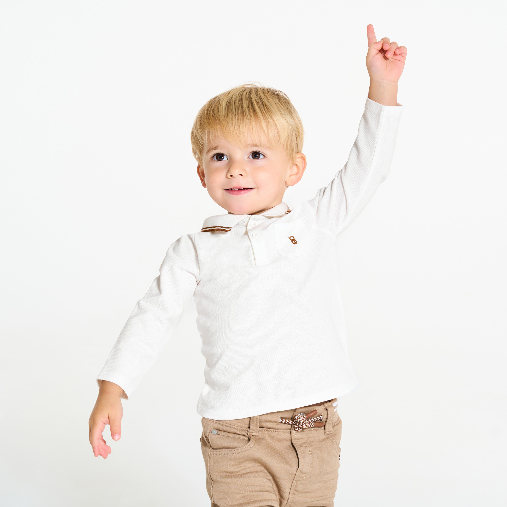 Polo piqué uni manches longues beige bébé garçon - Blanc écru