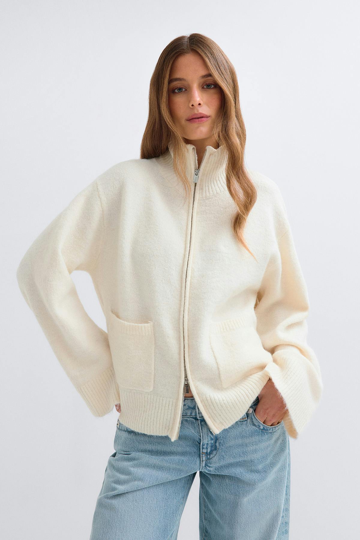 Double zip knitted cardigan - White