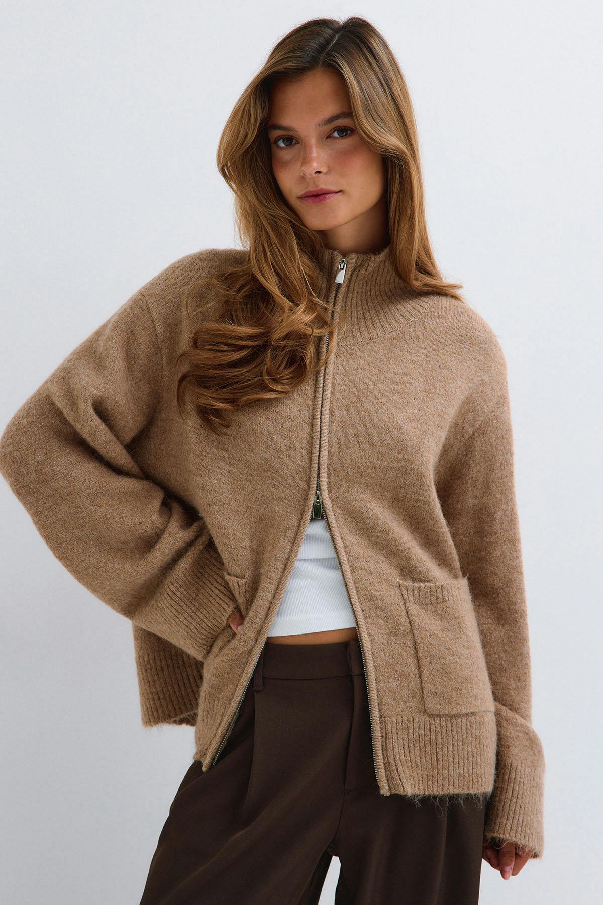 Double zip knitted cardigan - Beige