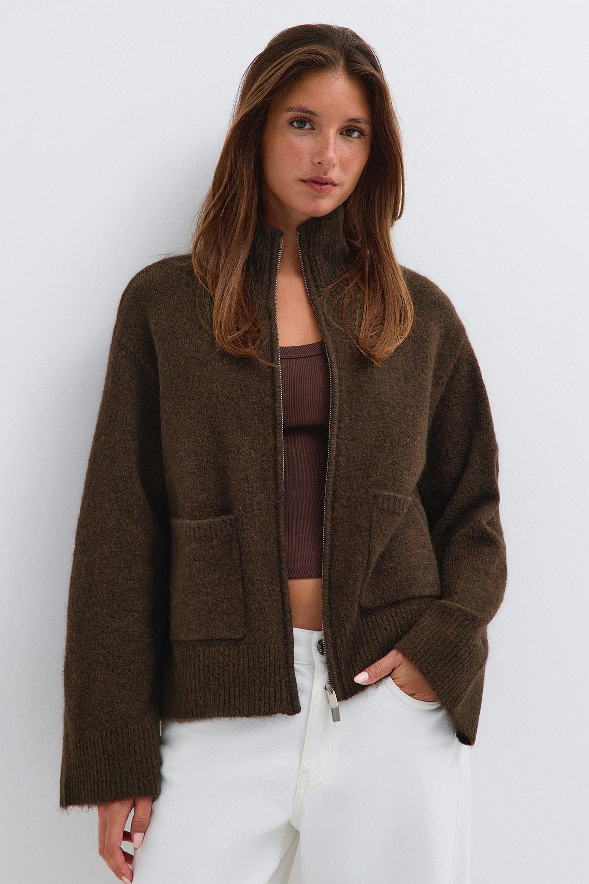 Double zip knitted cardigan - Brown