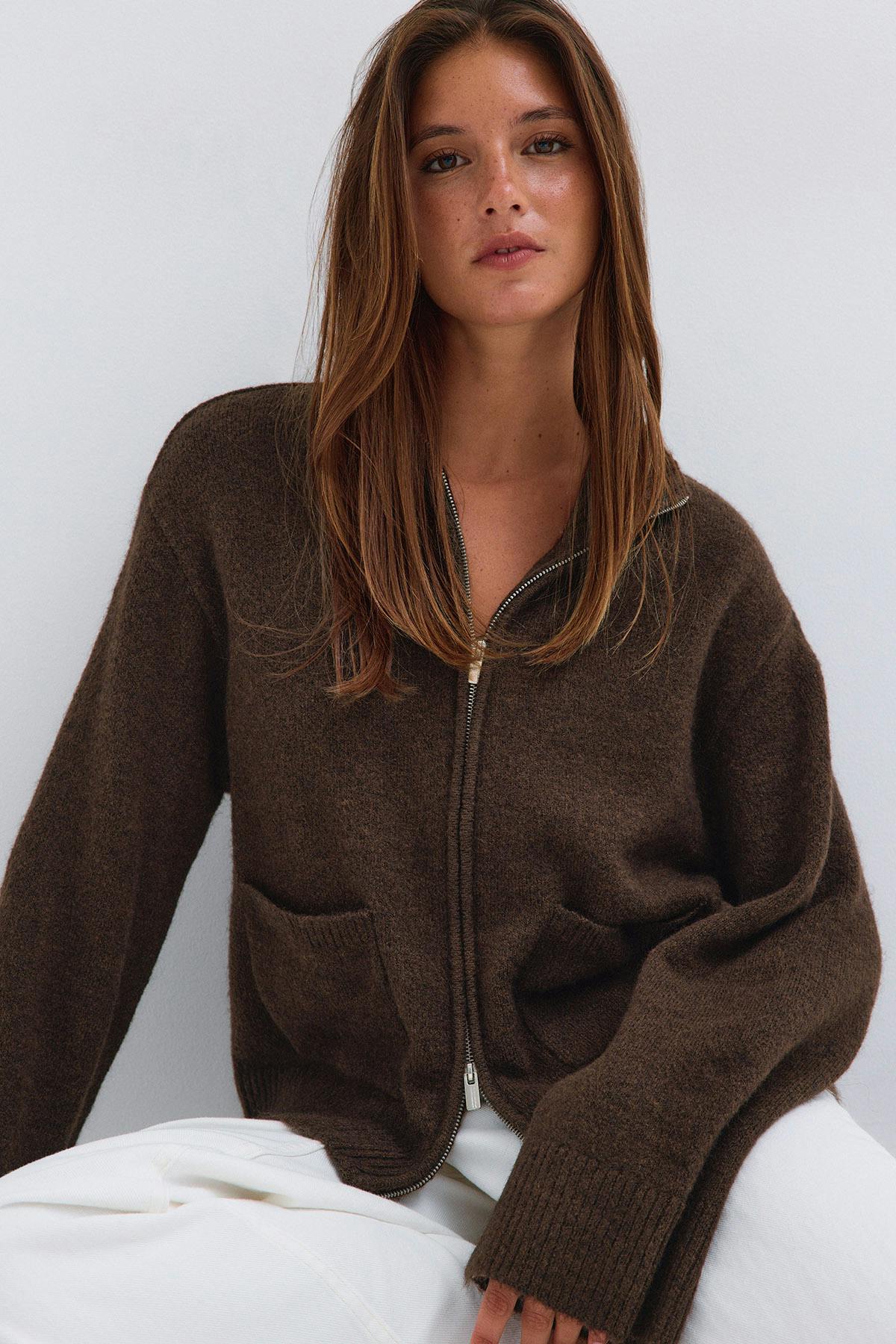 Double zip knitted cardigan - Brown