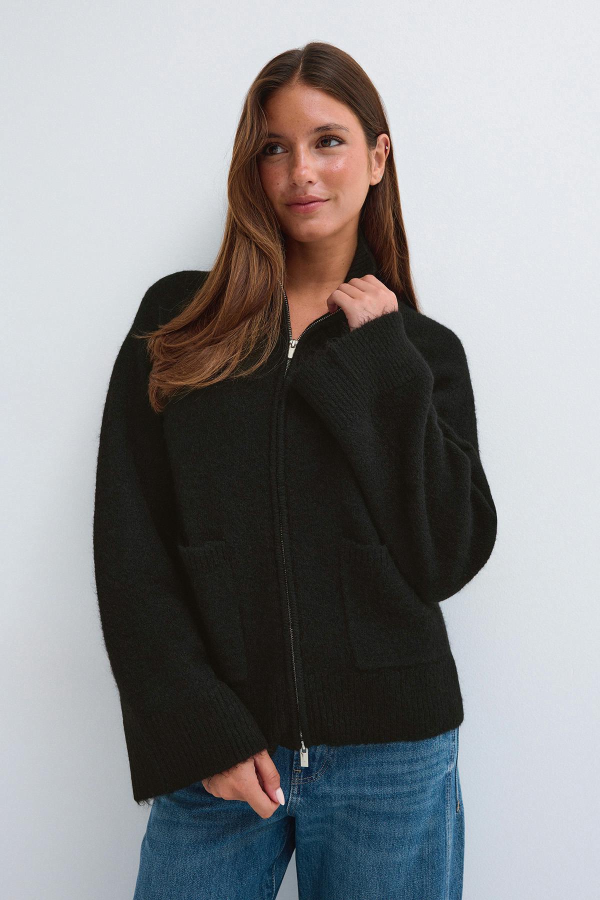 Double zip knitted cardigan - Black