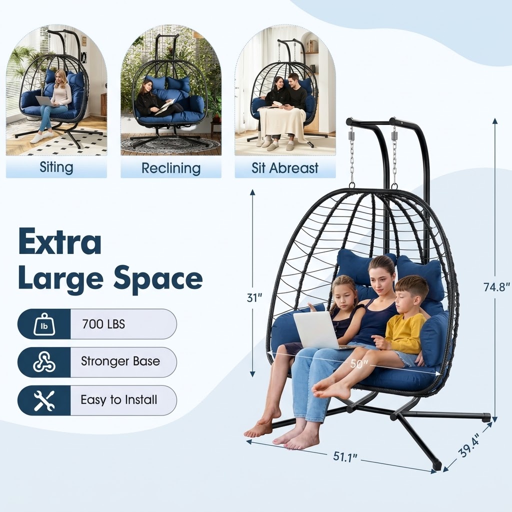 Extra large double egg chair — 700 lbs capacity, sitting, reclining, sit abreast