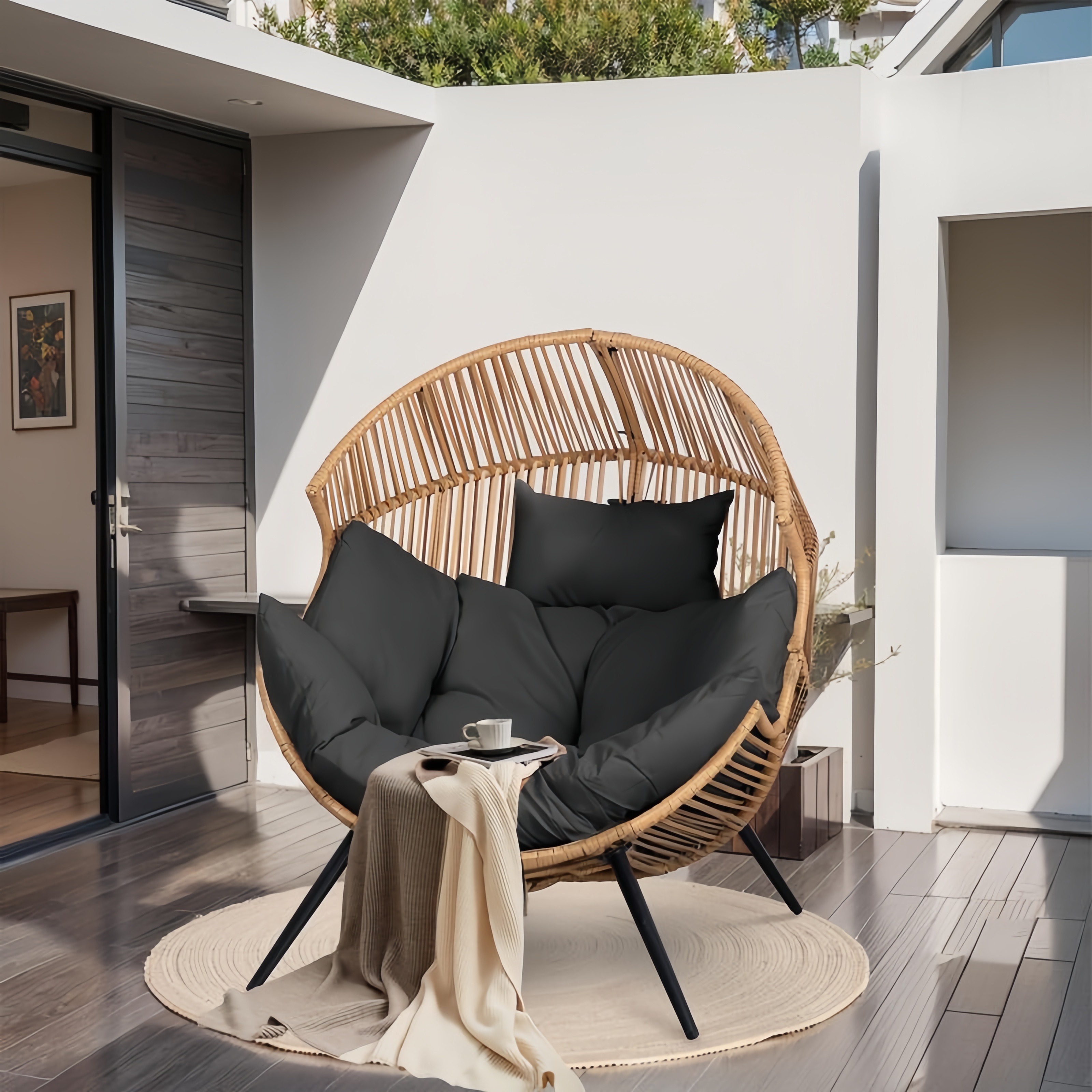 Outdoor & Indoor Wicker Egg Chair with Cushion - Oversized Rocking Lounger for Patio, Bedroom, and Balcony