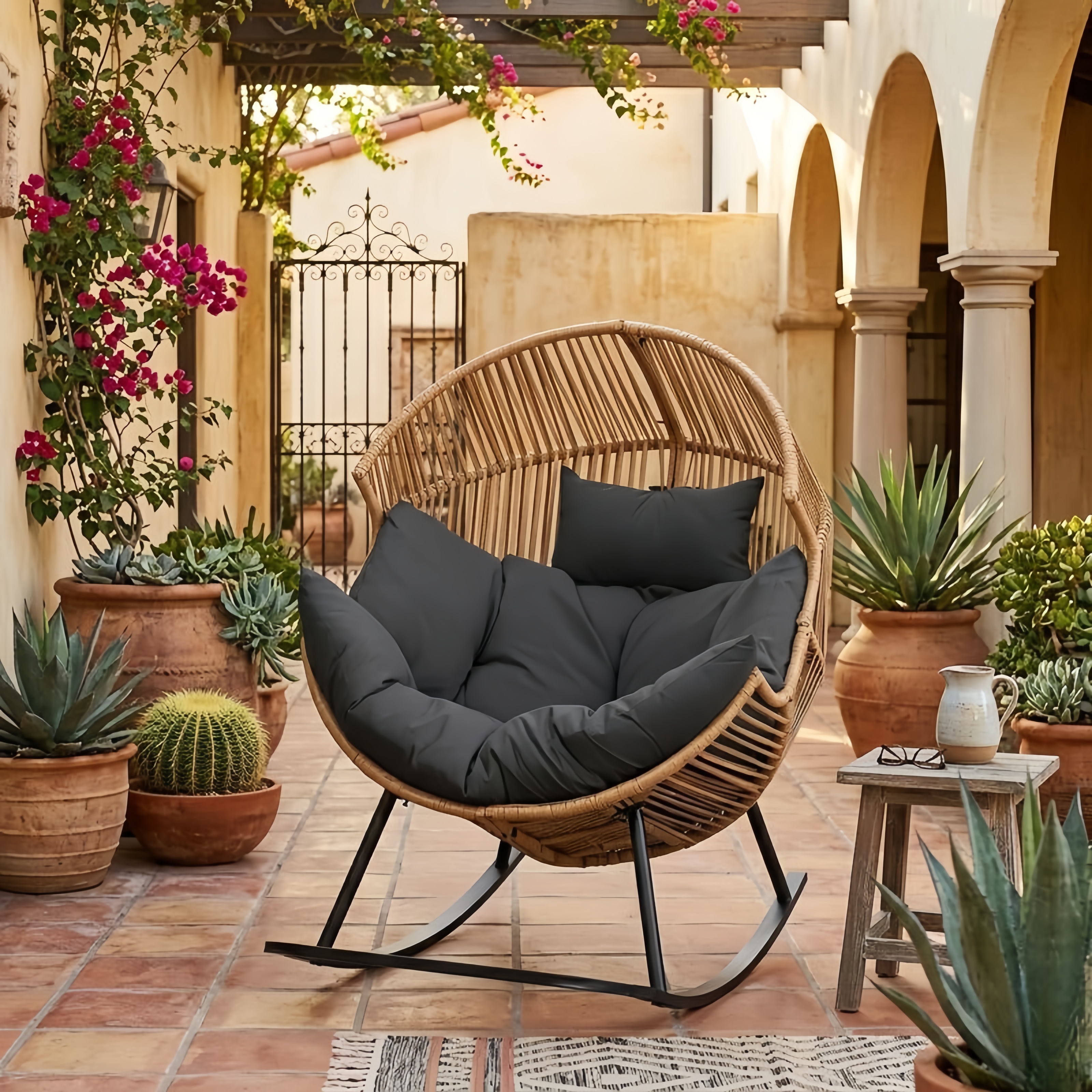 Outdoor & Indoor Wicker Egg Chair with Cushion - Oversized Rocking Lounger for Patio, Bedroom, and Balcony