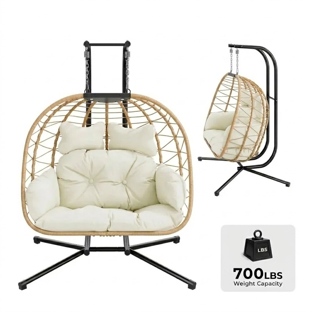 Double Egg Chair with Stand, Wicker Rattan