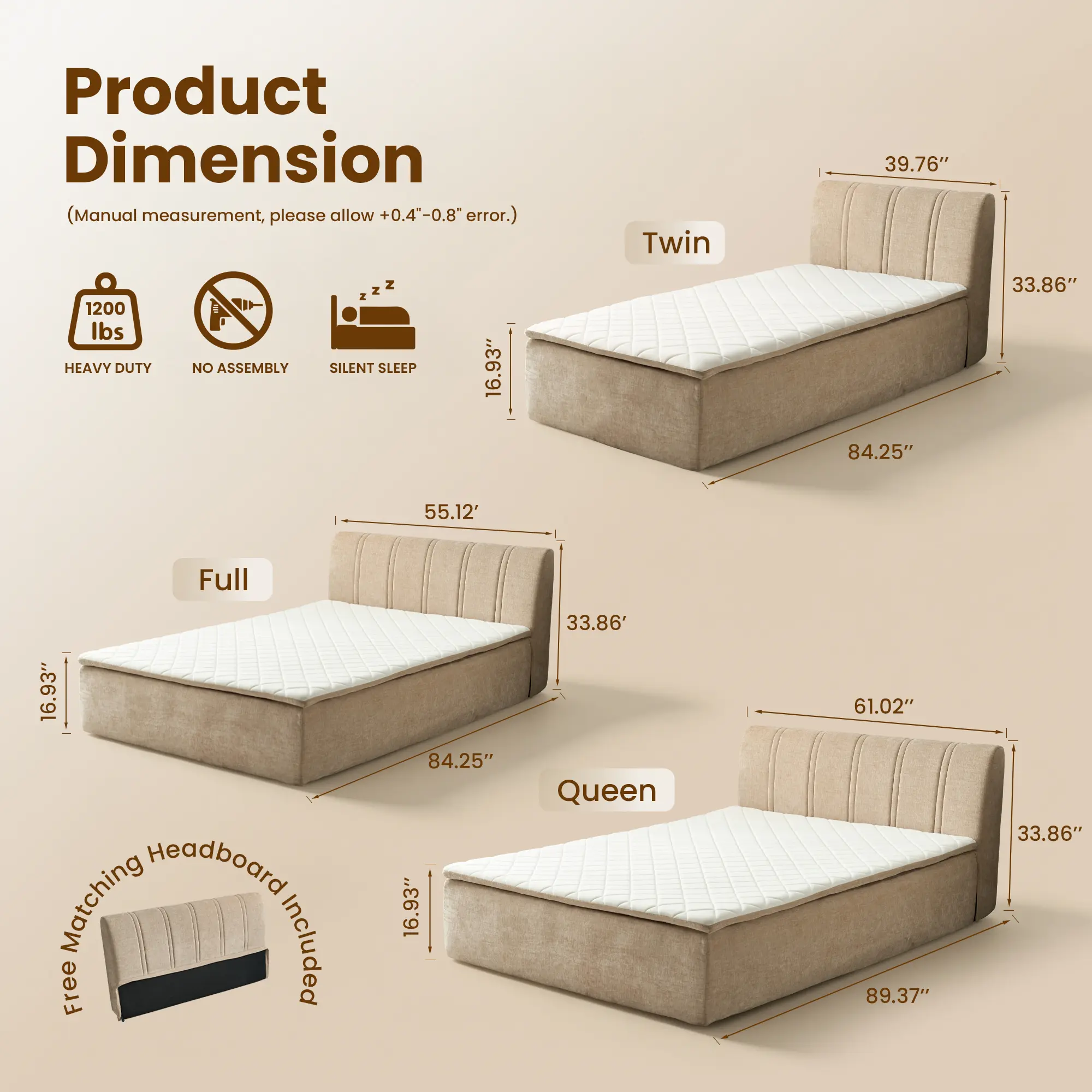Queen Size Memory Foam Mattress with Removable Headboard, 17" Sofa Bed Full Mattress, Individually Pocketed Springs, Pressure Relief, Motion Isolation, Provides Support, CertiPUR-US Certified - No Assembly Required