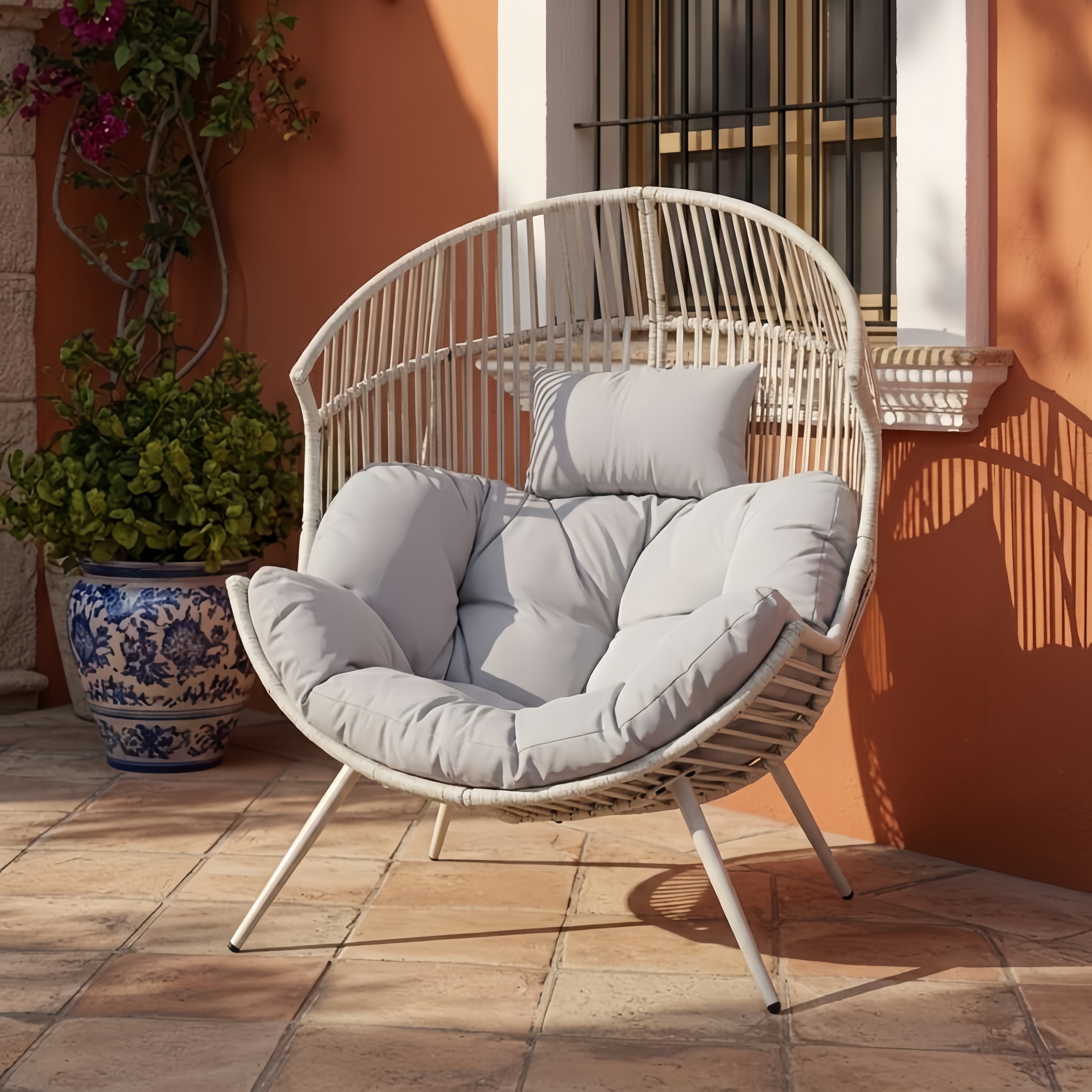 Outdoor & Indoor Wicker Egg Chair with Cushion - Oversized Rocking Lounger for Patio, Bedroom, and Balcony