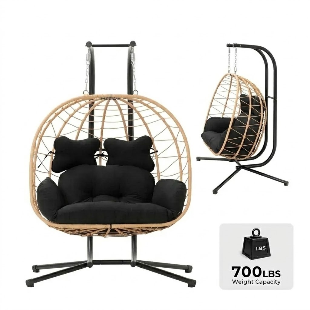 Double Egg Chair with Stand, Wicker Rattan