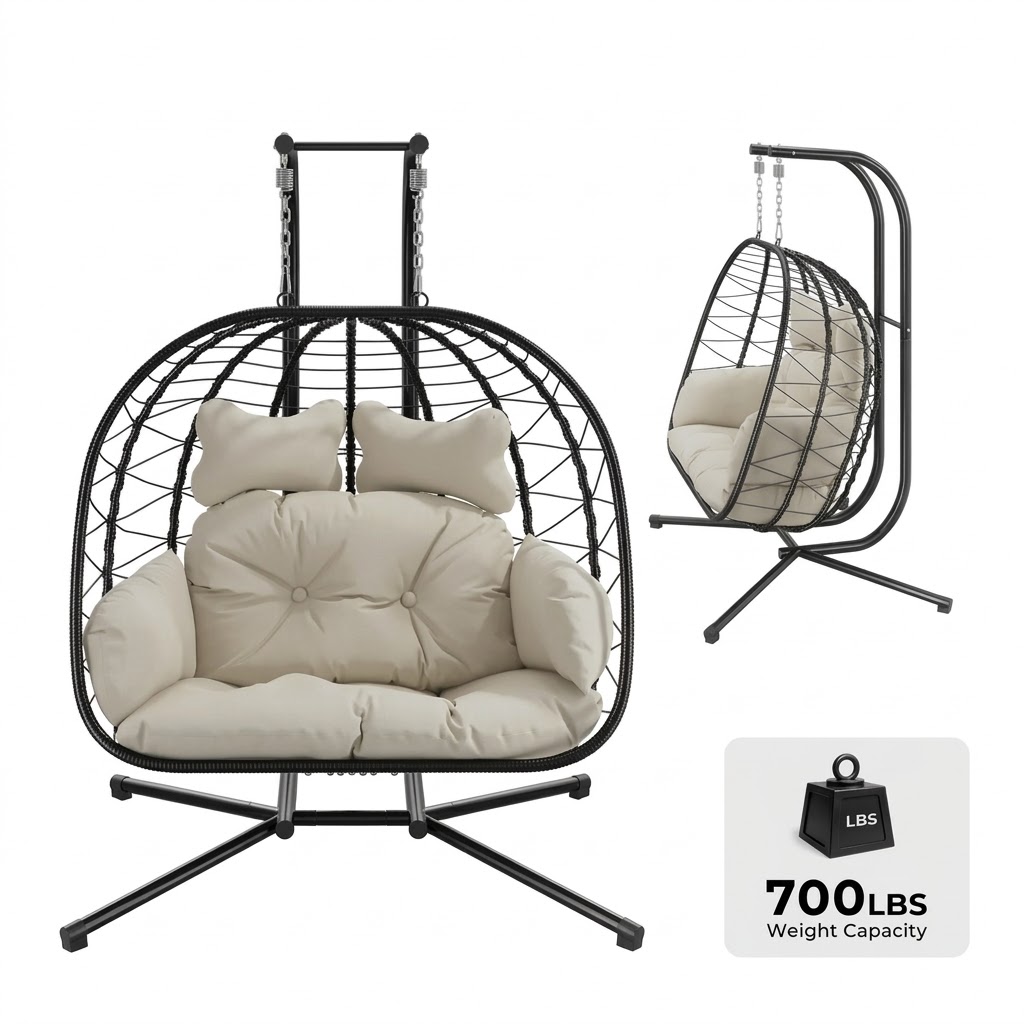 Double Egg Chair with Stand, Wicker Rattan