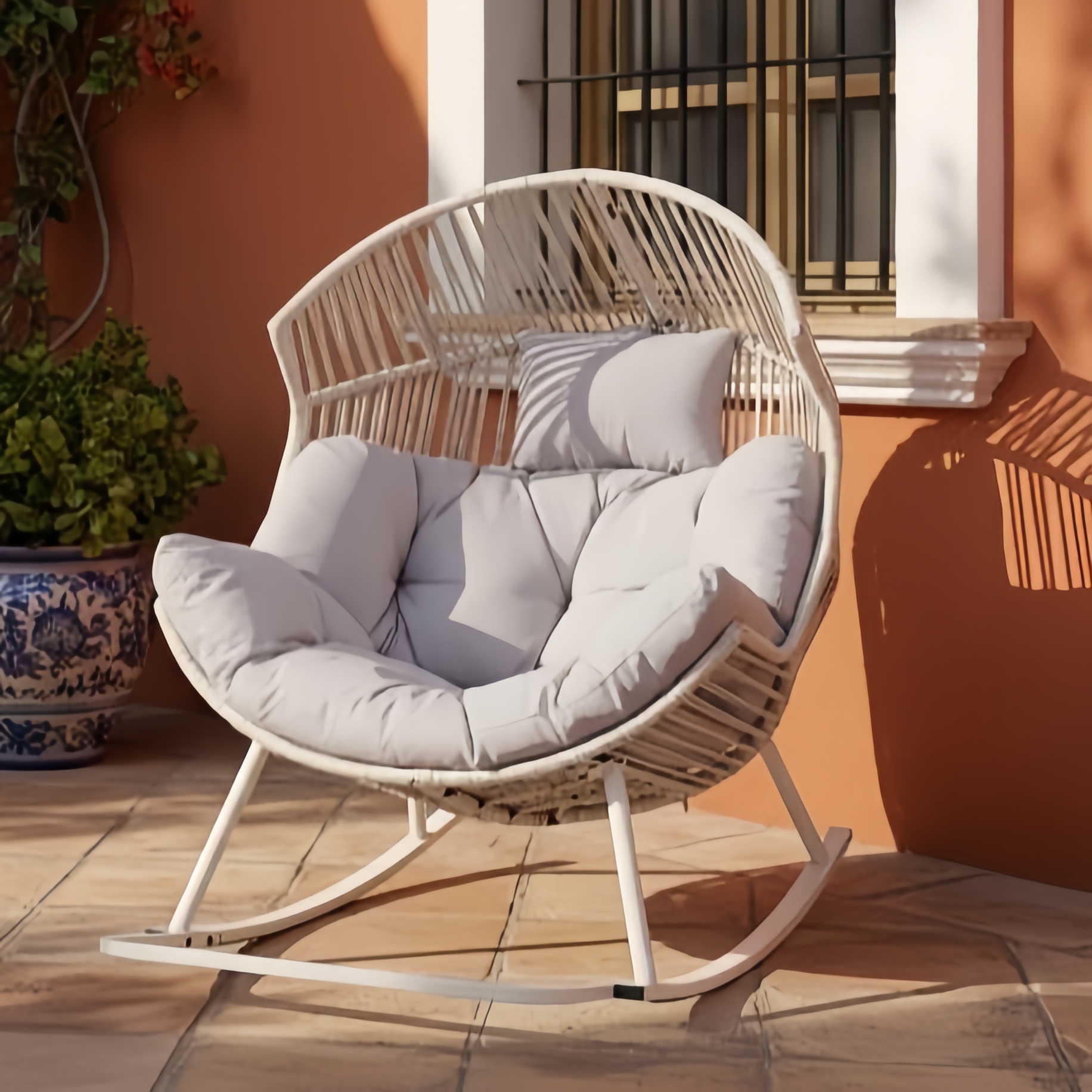 Outdoor & Indoor Wicker Egg Chair with Cushion - Oversized Rocking Lounger for Patio, Bedroom, and Balcony
