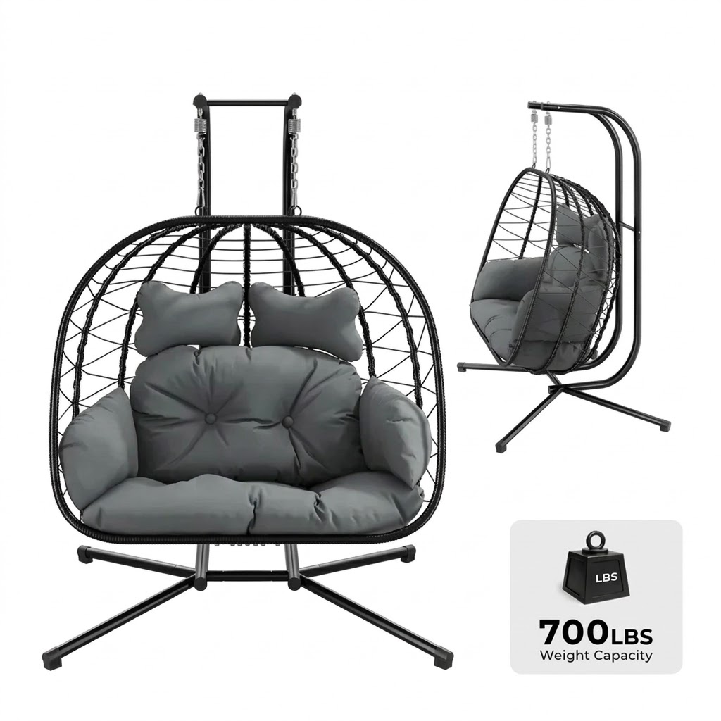 Double Egg Chair with Stand, Wicker Rattan