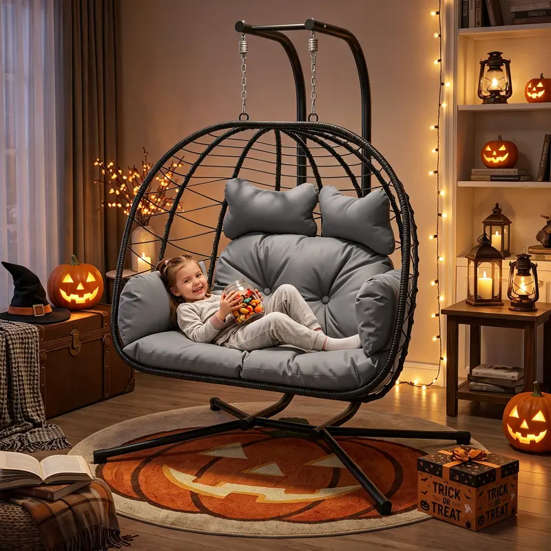 Double Egg Chair with Stand, Wicker Rattan