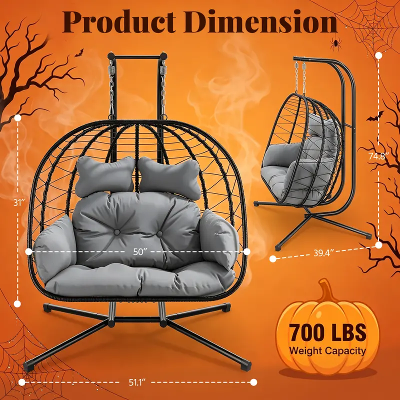 Double Egg Chair with Stand, Wicker Rattan