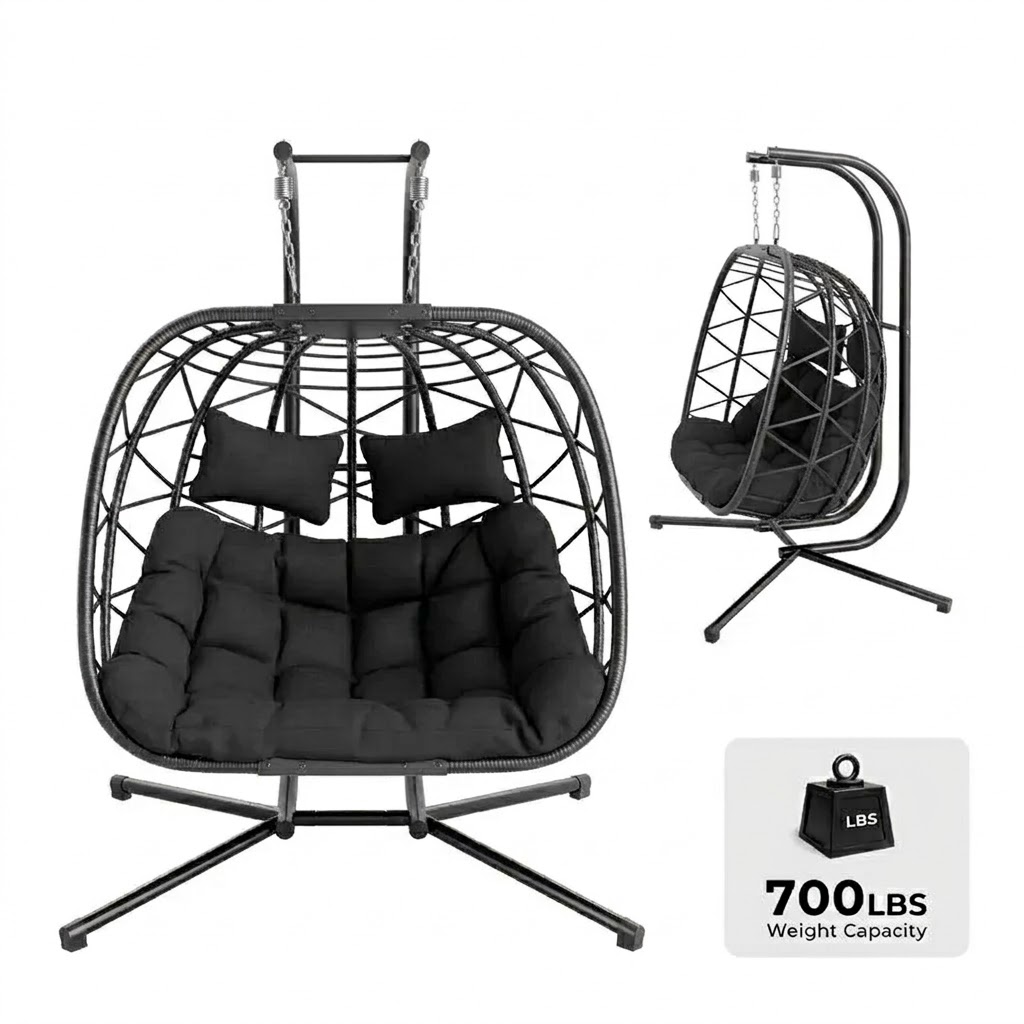 Double Egg Chair with Stand, Wicker Rattan