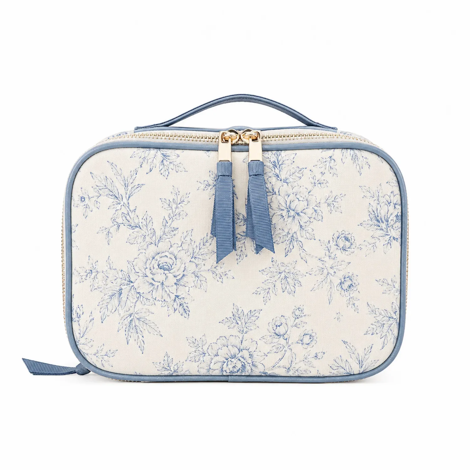 Trousse de Toilette Élégante à Motif Floral Bleu et Blanc