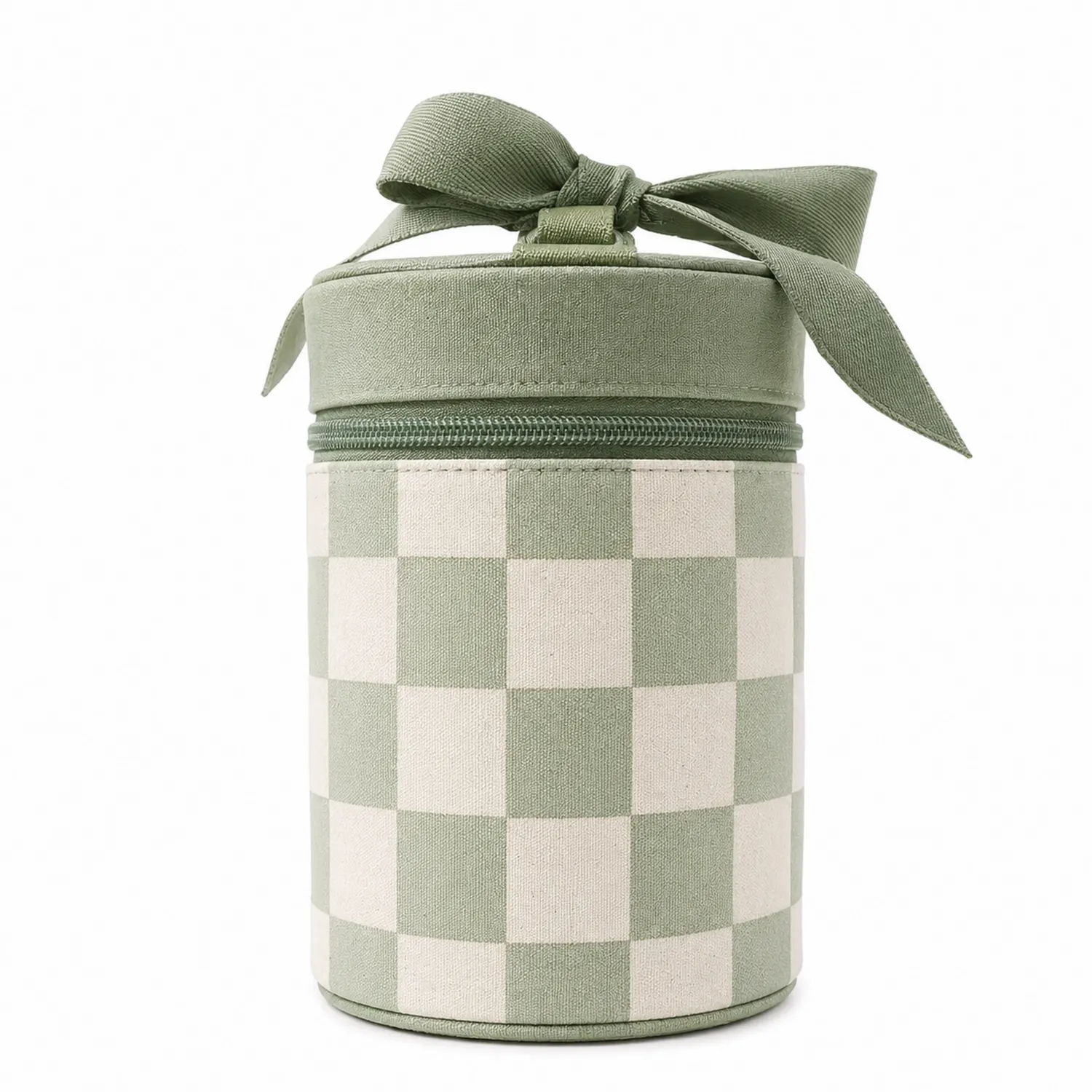 Boîte de Rangement Cylindrique à Carreaux Vert Olive et Crème