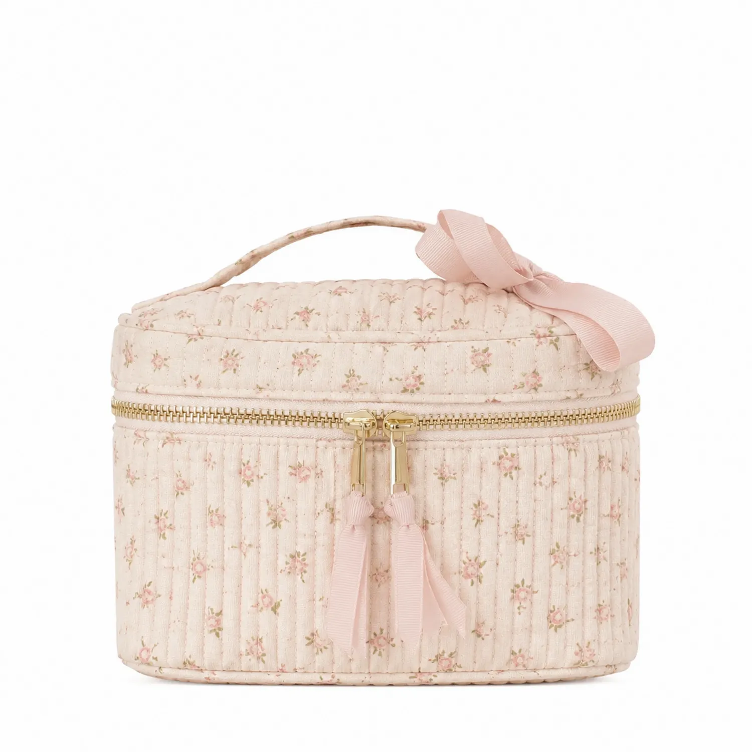 Trousse de toilette vintage en rose clair avec motif floral et nœud