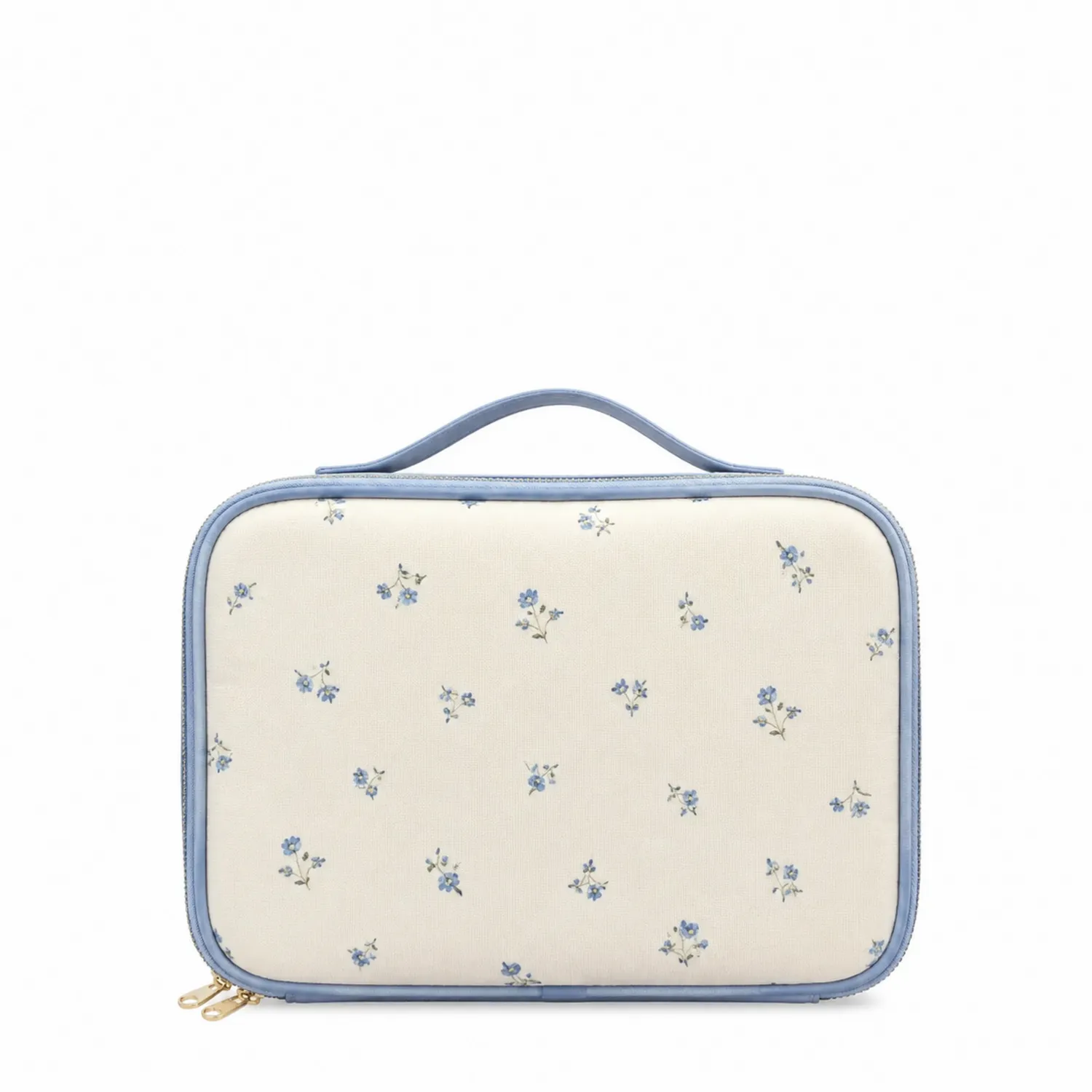 Trousse de Maquillage Motif Fleuri Beige et Bleu