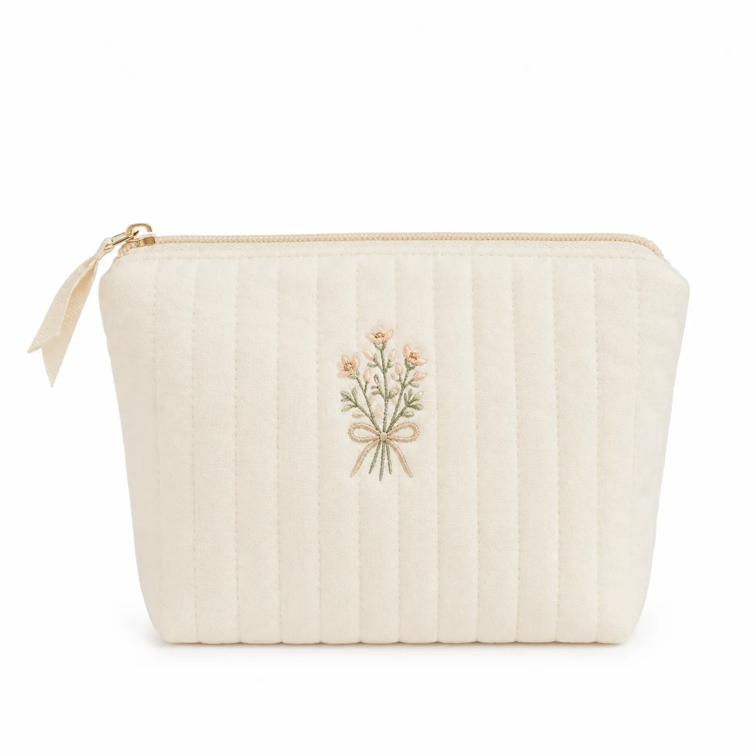 Trousse de maquillage brodée florale crème