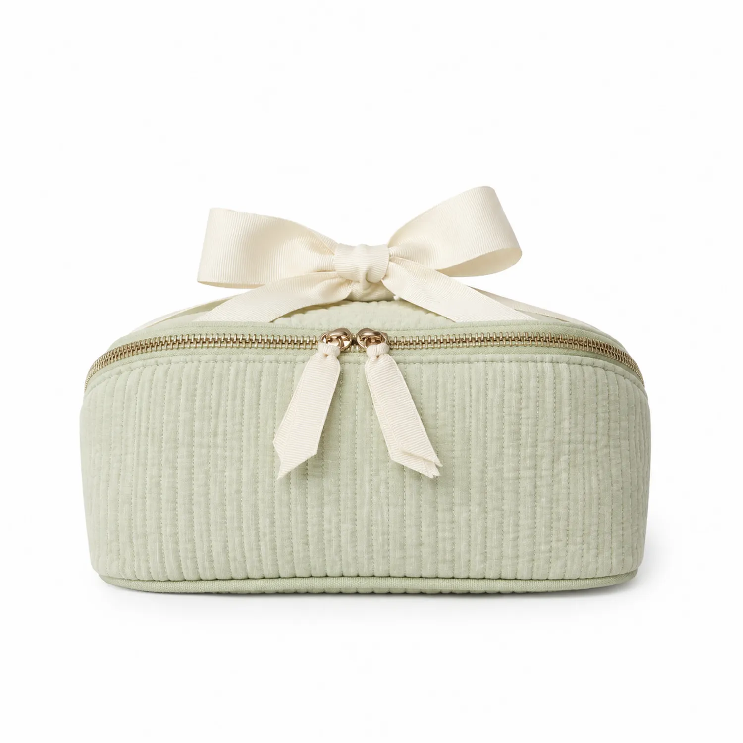 Trousse de maquillage verte avec nœud décoratif