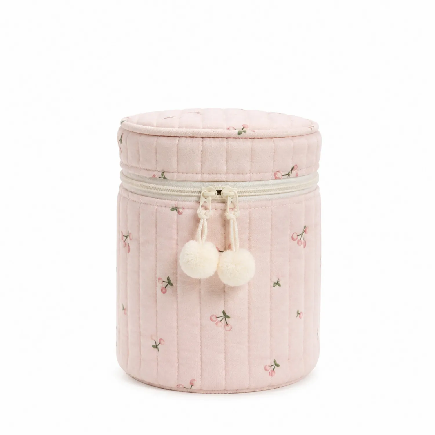 Trousse de maquillage cylindrique rose pastel à motifs cerises