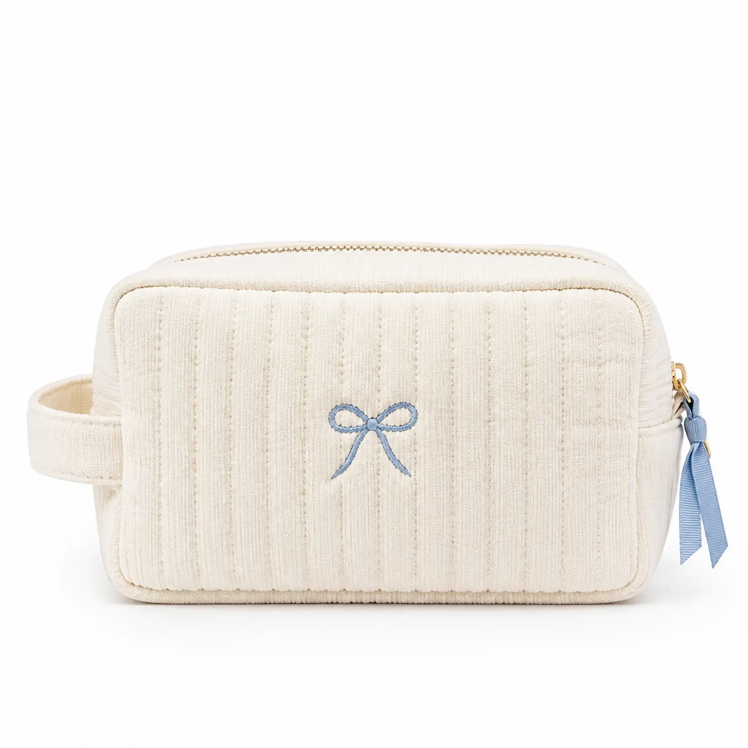 Trousse de maquillage rectangulaire crème avec nœud bleu
