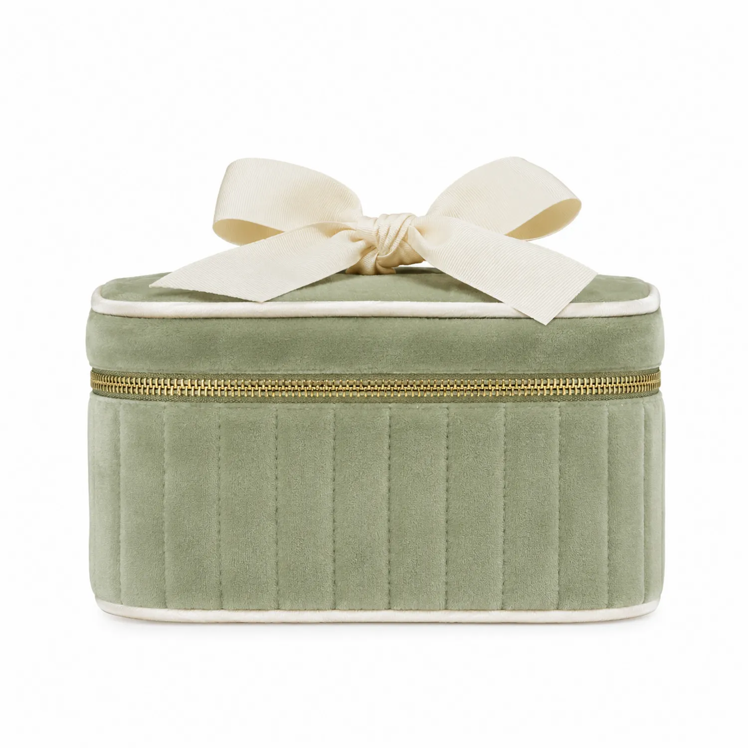 Trousse de maquillage vert avec nœud décoratif crème