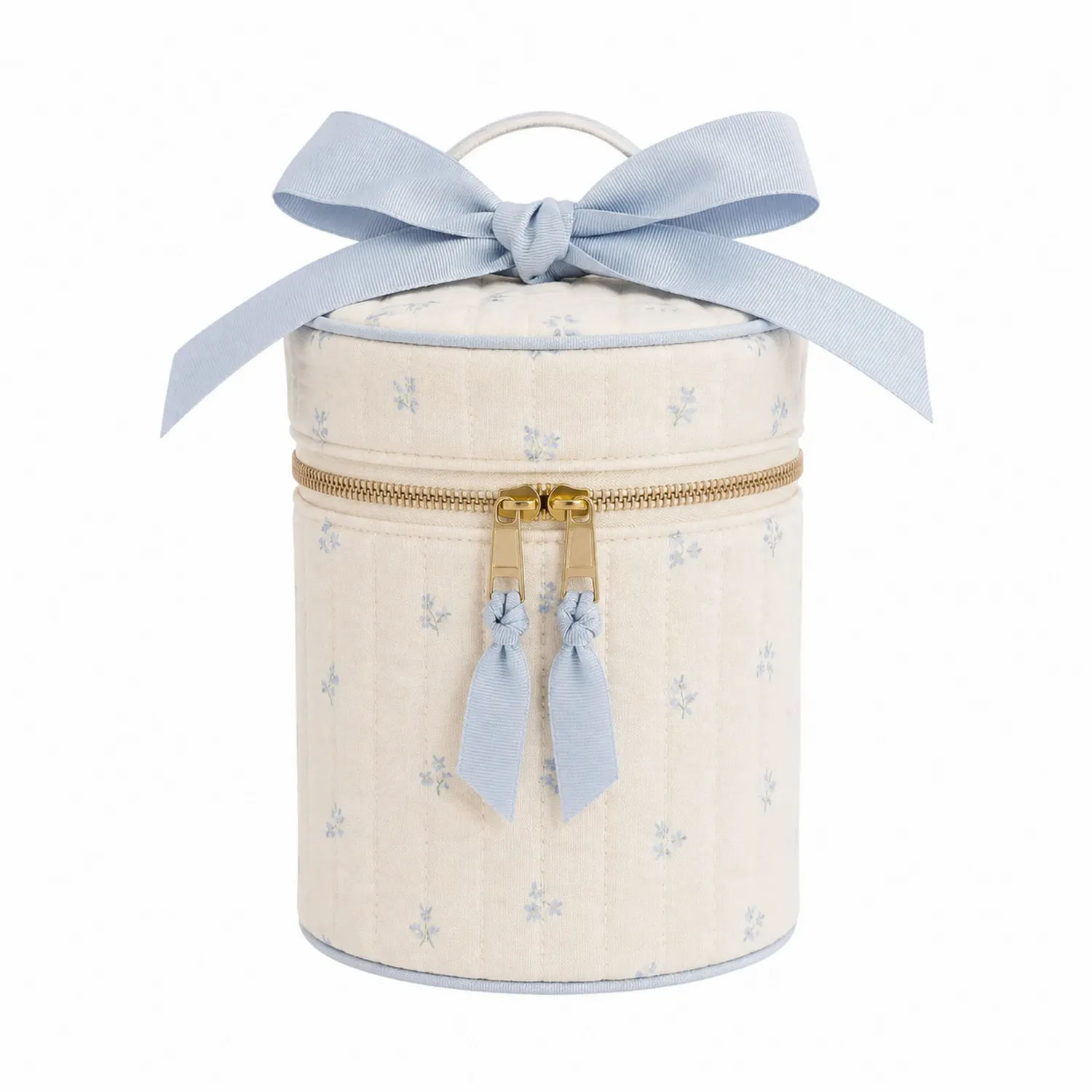 Boîte de Maquillage Cylindrique à Motif Floral Bleu