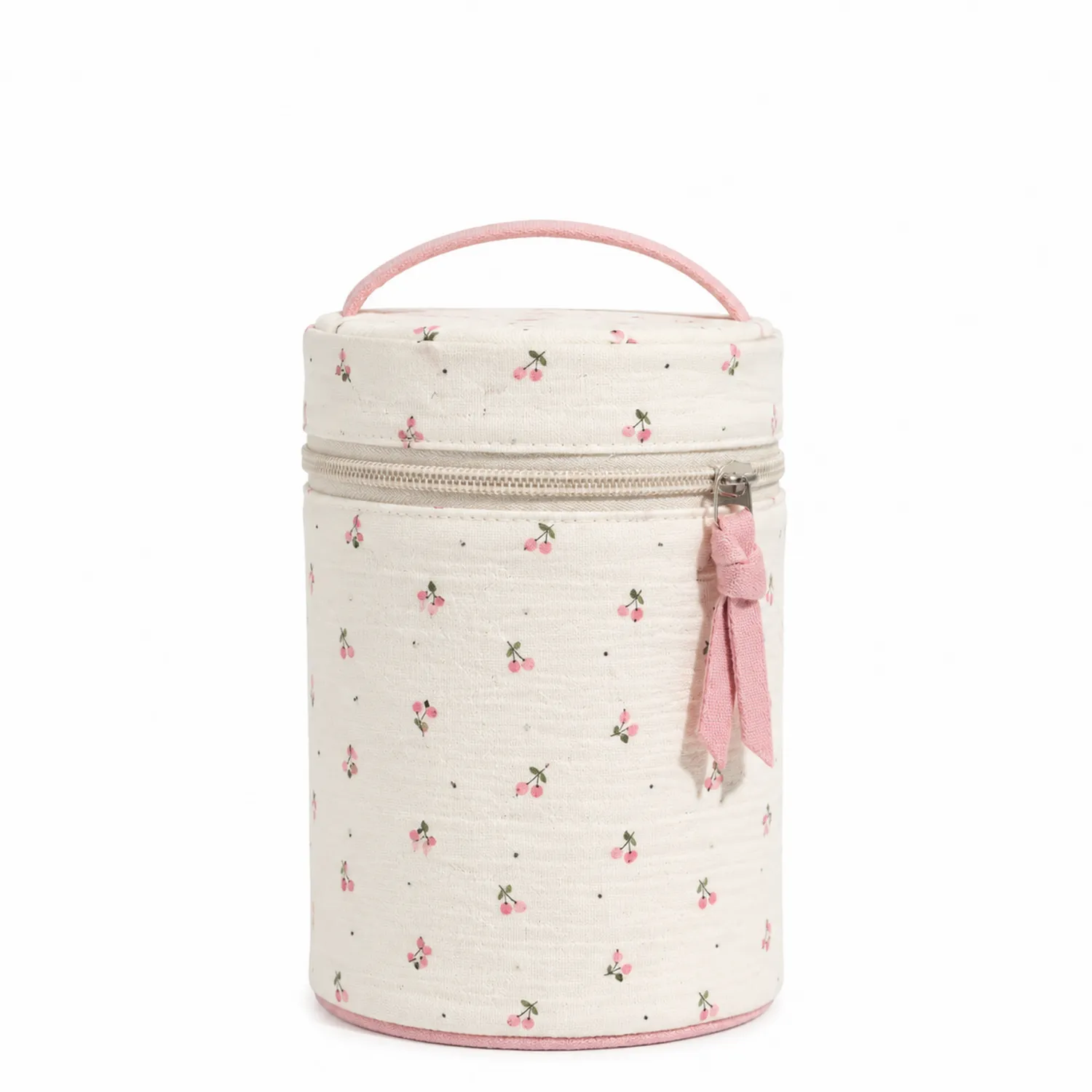 Boîte à maquillage cylindrique motif cerise blanc et rose