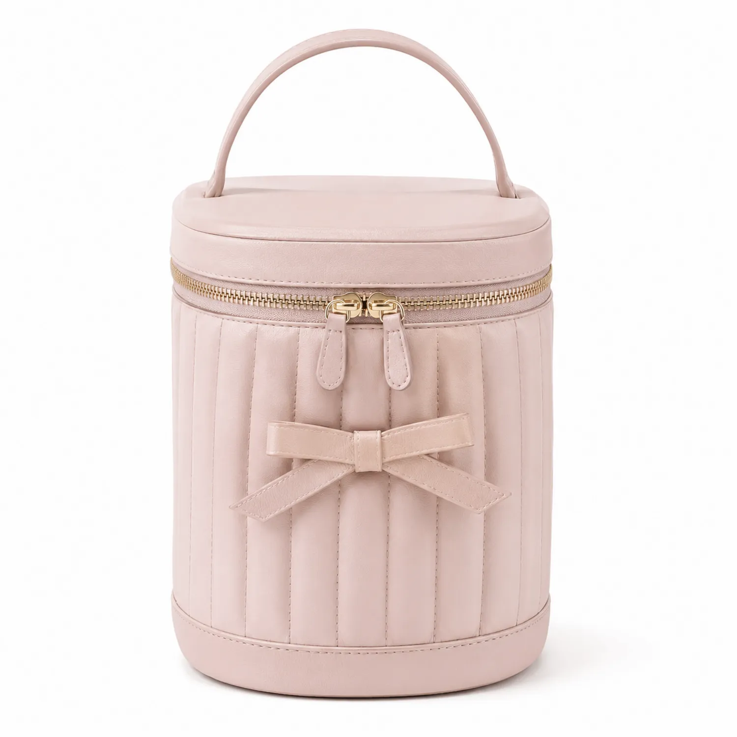 Trousse de maquillage cylindrique rose clair avec nœud décoratif