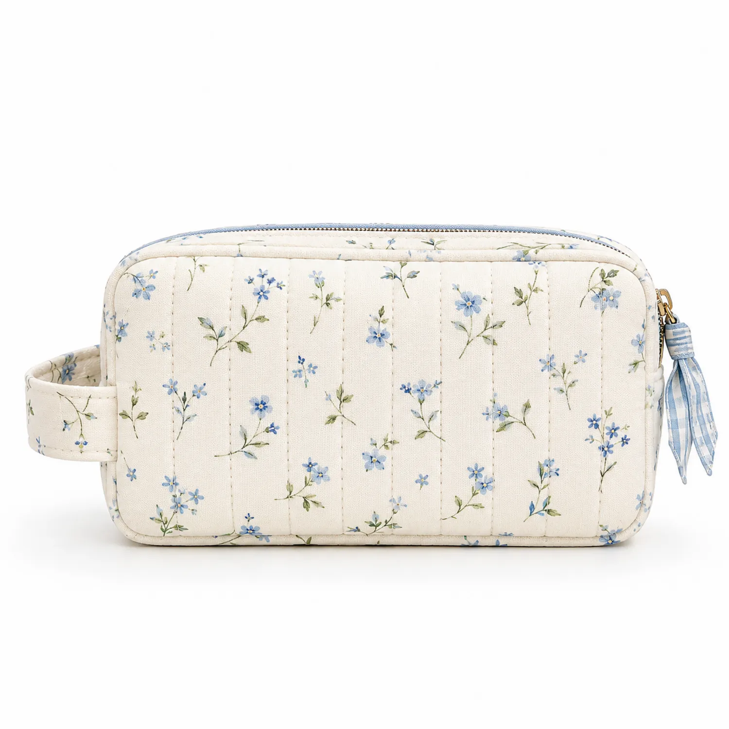 Étui à cosmétiques à motif floral bleu et crème