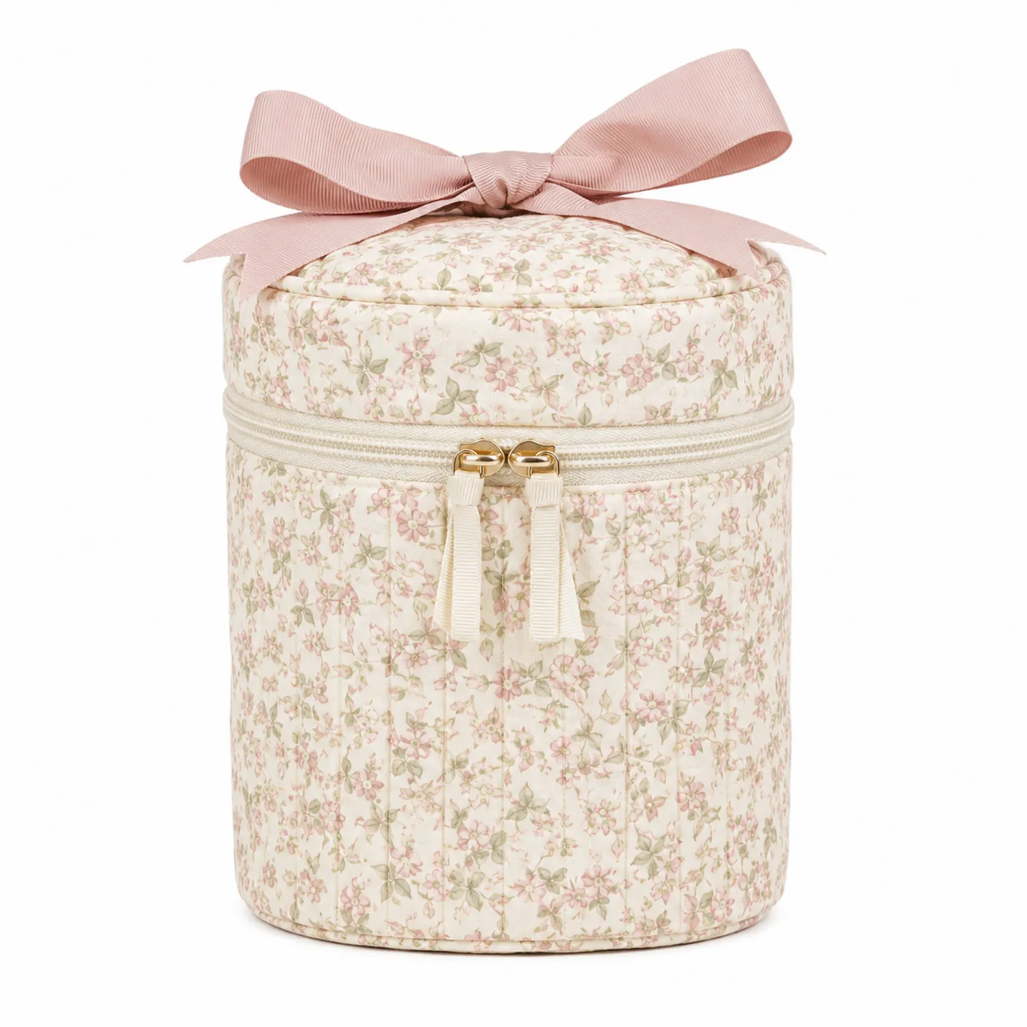 Boîte de rangement cylindrique à motif floral - Rose/Crème