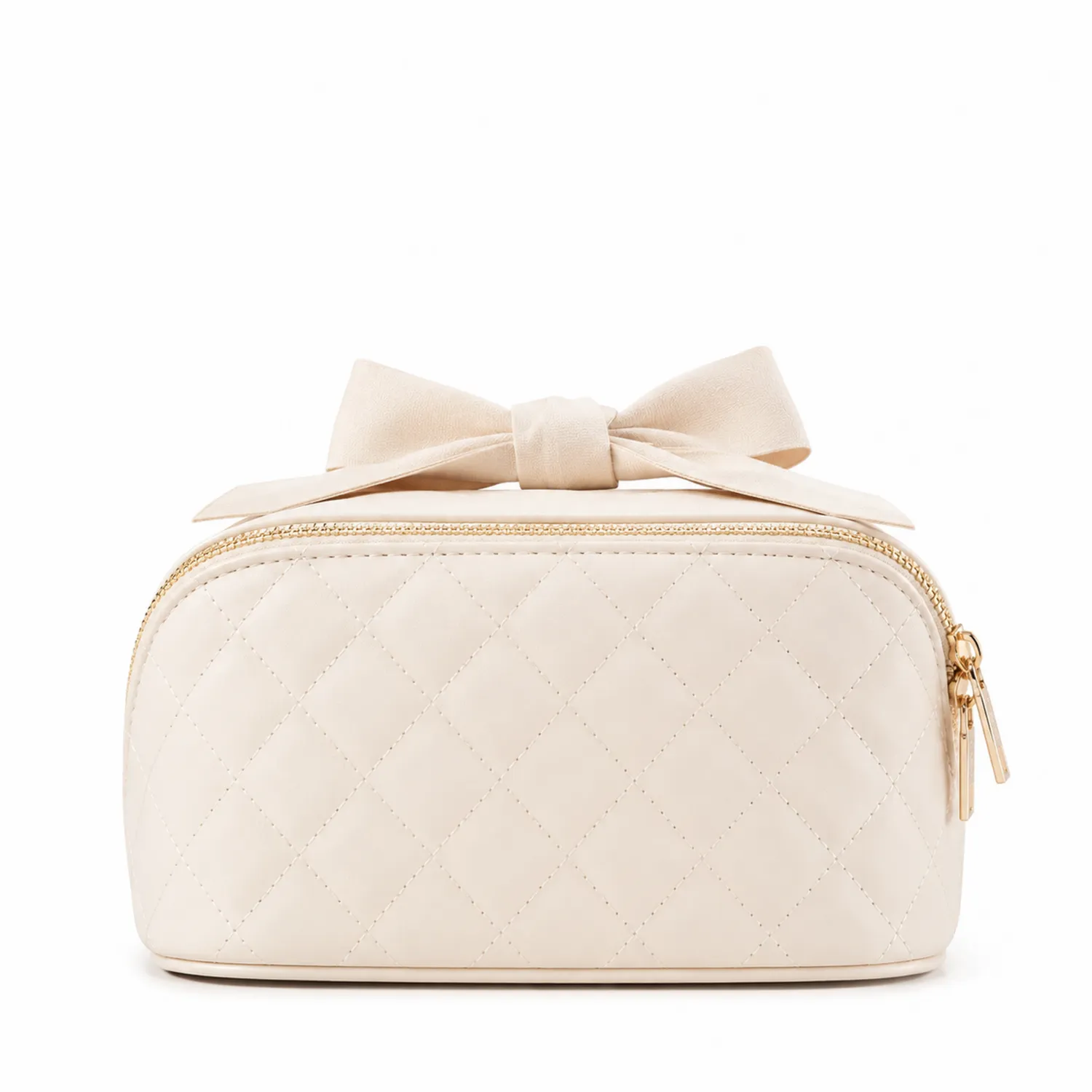 Trousse de Maquillage Matelassée Beige avec Nœud Décoratif