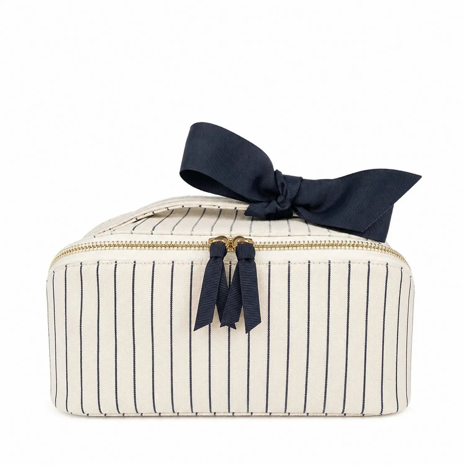 Trousse de Maquillage Rayée avec Nœud Bleu Marine