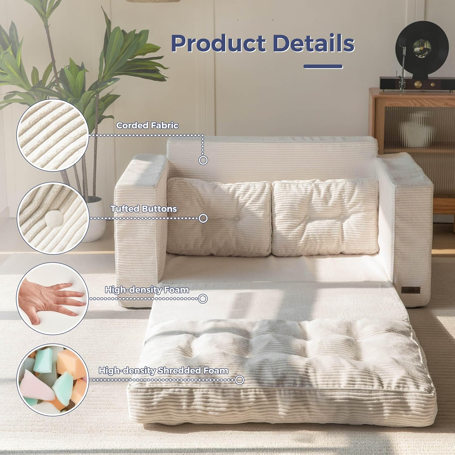 Convertible Sofa Bed, Pull Out Loveseat Sofa Couch, 2 in 1 Folding Couch Bed, Fold Out Floor Couch with Pillows for Living Room Bedroom Lounge, Beige