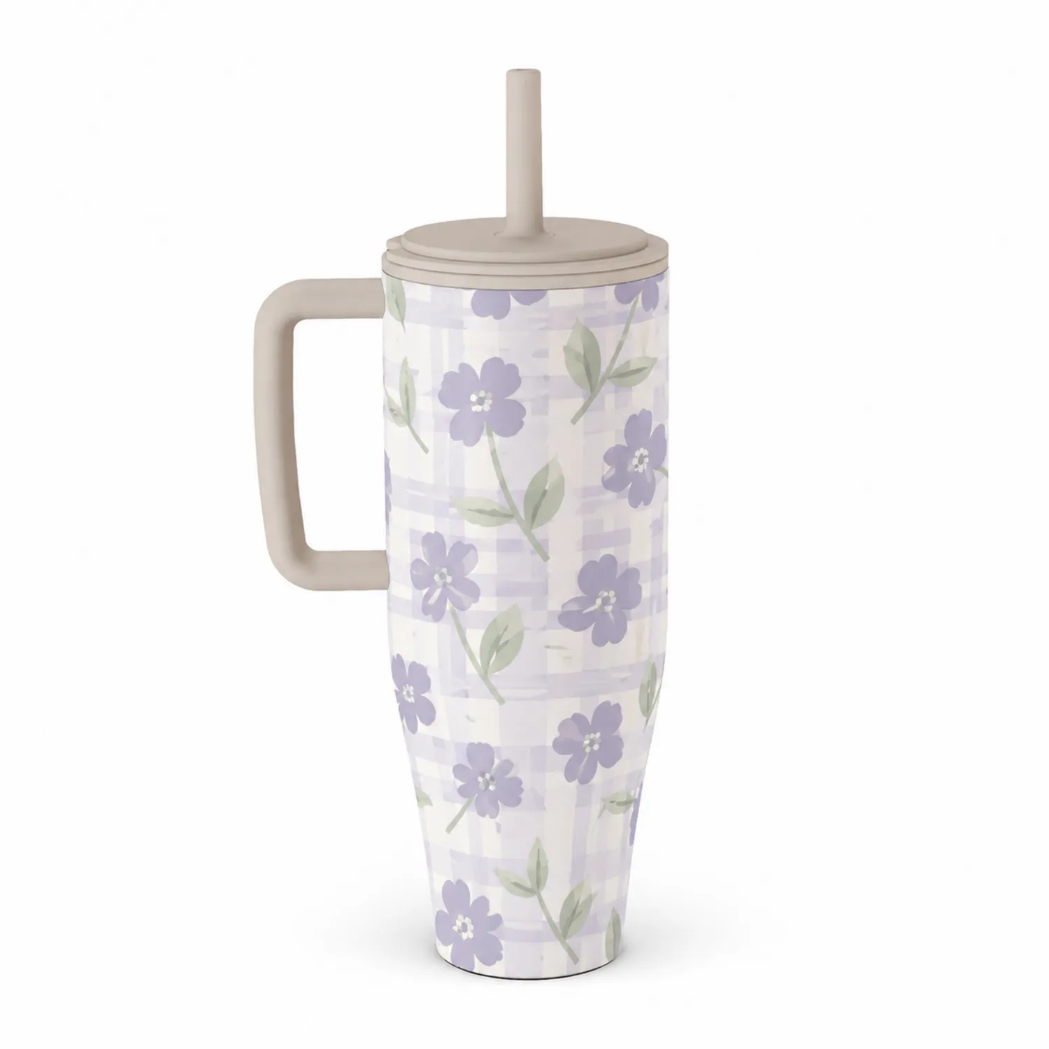 Isolierbecher mit Blumenmuster und Henkel - Lila/Beige-Dwelluroa