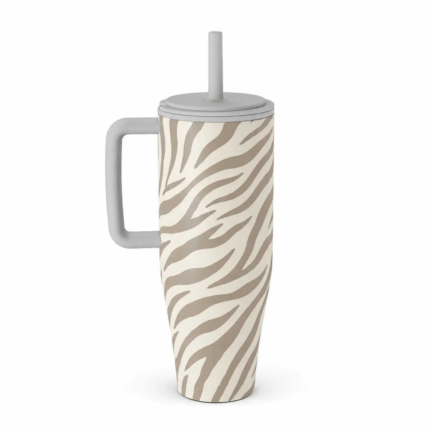 Zebra Muster Thermobecher mit Griff und Strohhalm Beige Grau-Dwelluroa