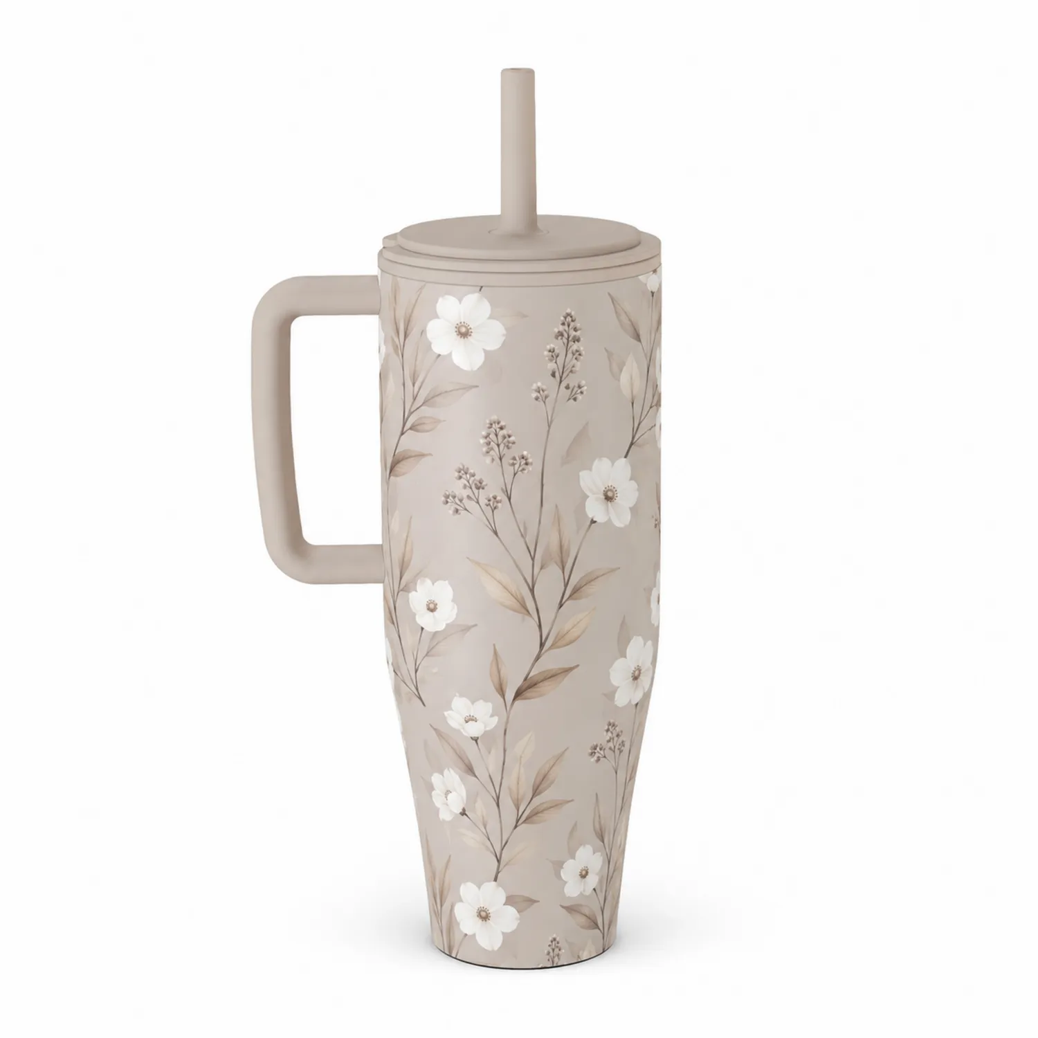 Blumiger Thermobecher mit Strohhalm 500ml Beige-Dwelluroa