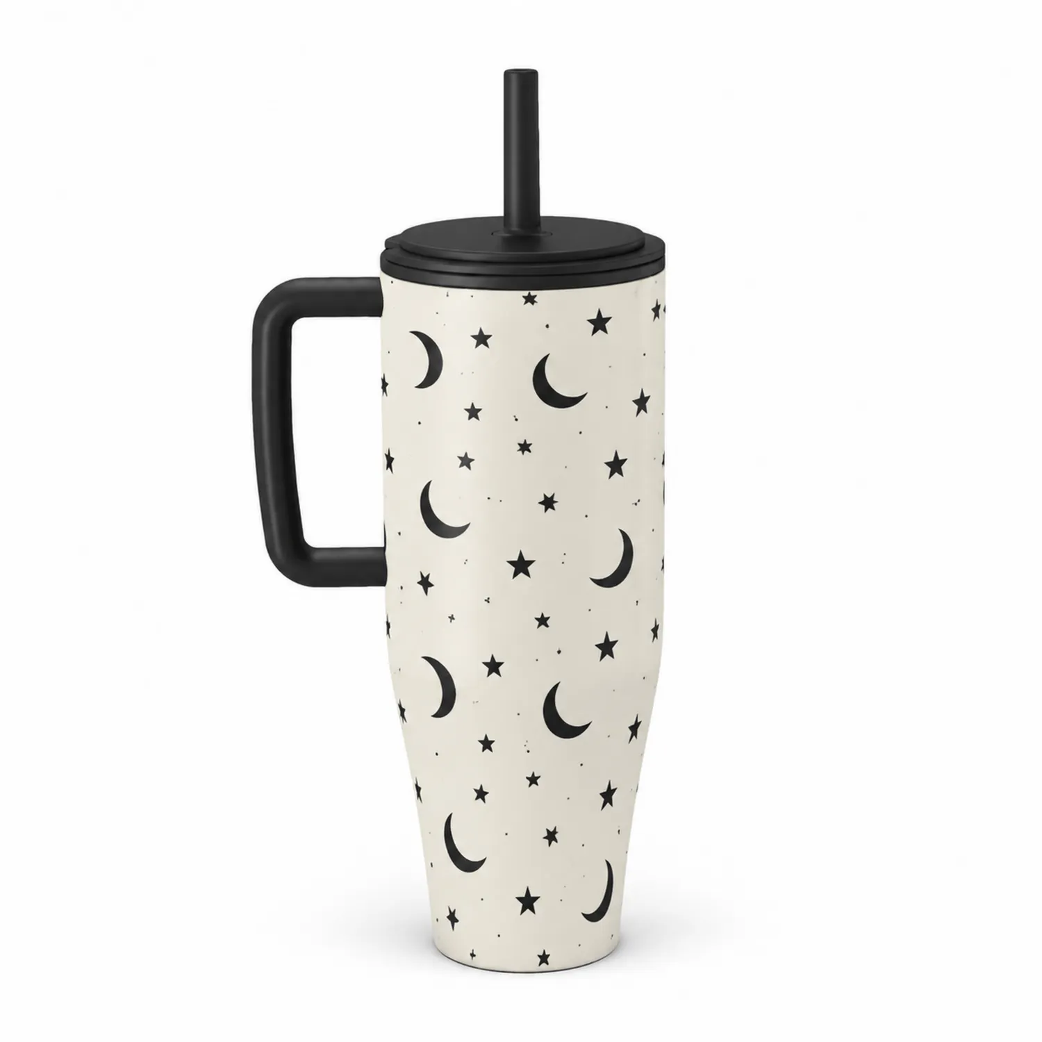 Becher mit Griff und Strohhalm Mond- und Sternenmuster Weiß/Schwarz-Dwelluroa