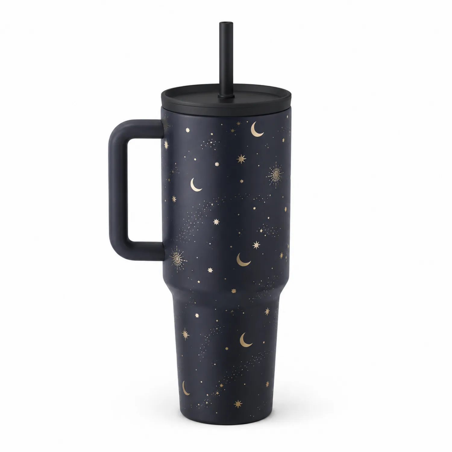 Thermobecher mit Griff und Strohhalm 600ml Schwarz Mond- und Sternenmuster-Dwelluroa