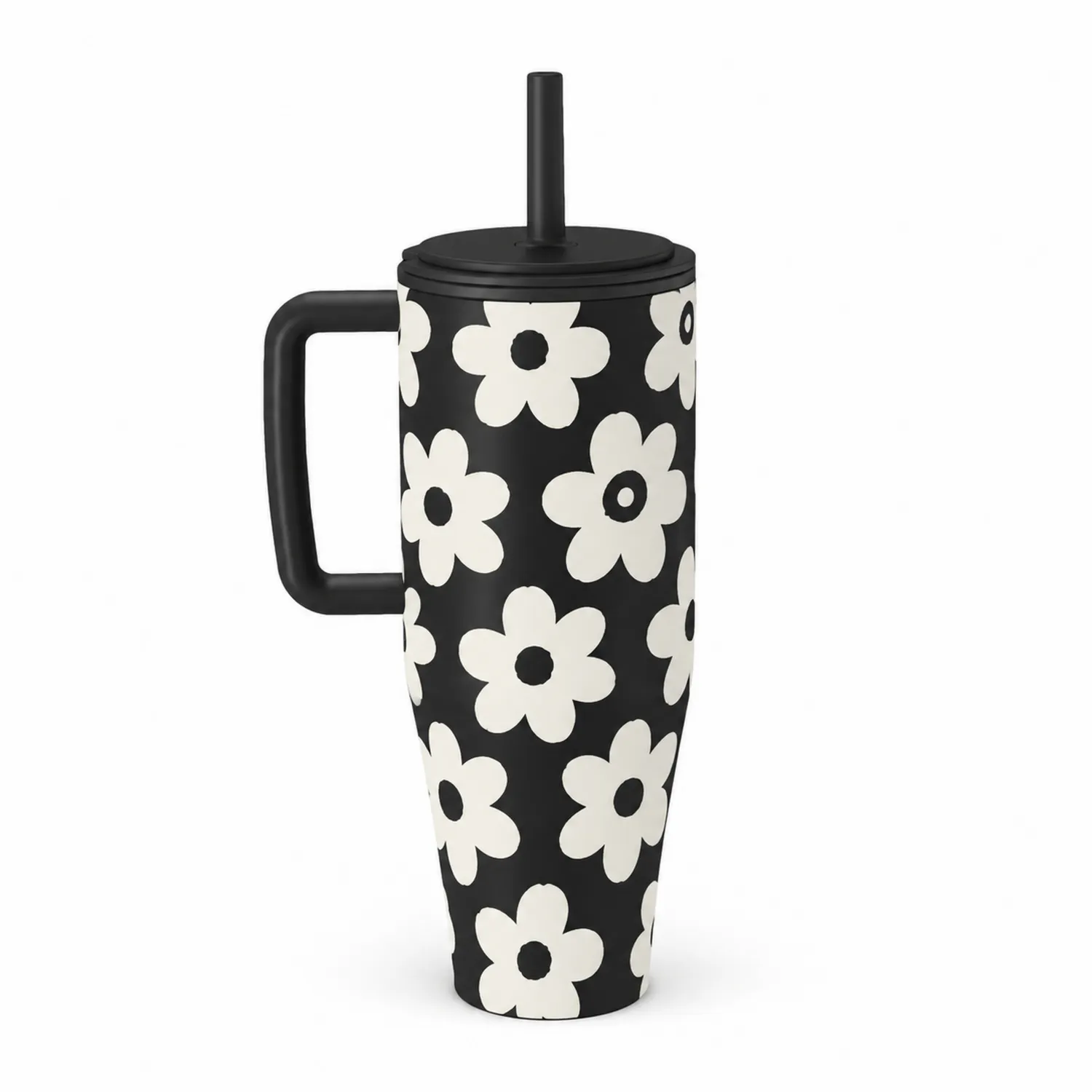 Thermobecher mit Blumenmuster und Griff Schwarz Weiß 500ml-Dwelluroa