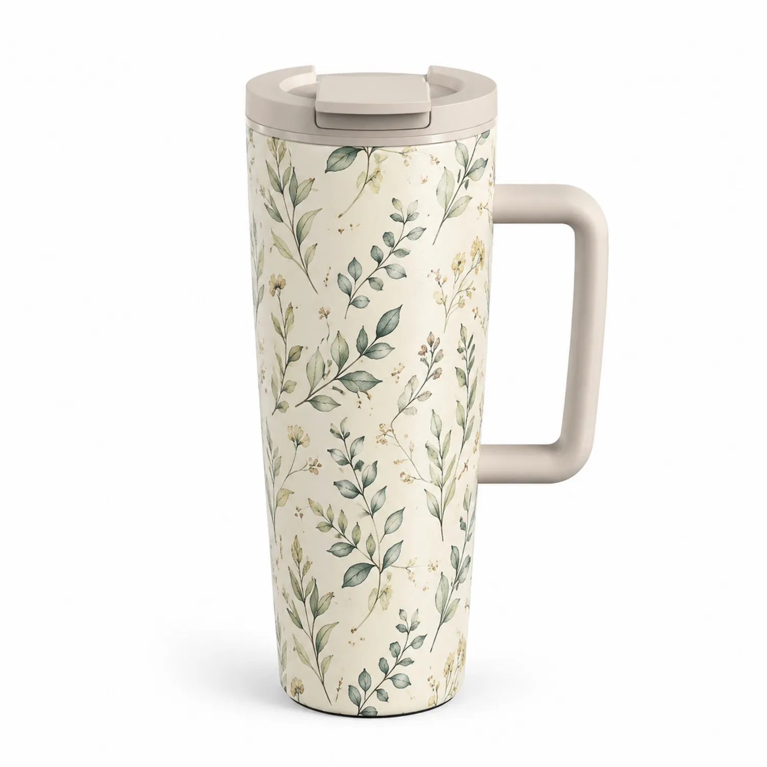 Thermo-Trinkbecher mit Blumenmuster und Henkel - Beige/Grün-Dwelluroa