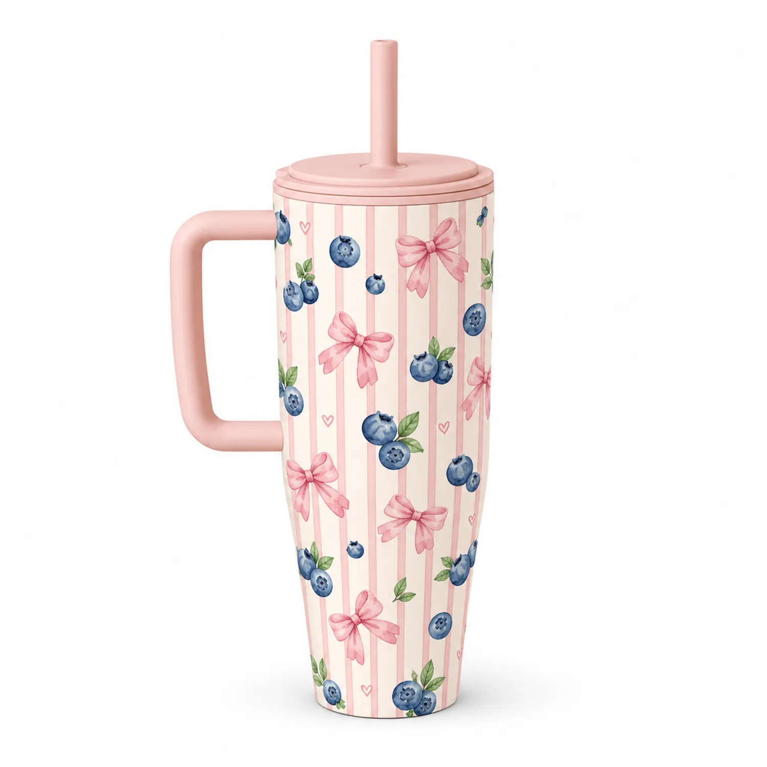Trinkbecher mit Strohhalm und Griff - Rosa mit Blaubeeren und Schleifen-Dwelluroa